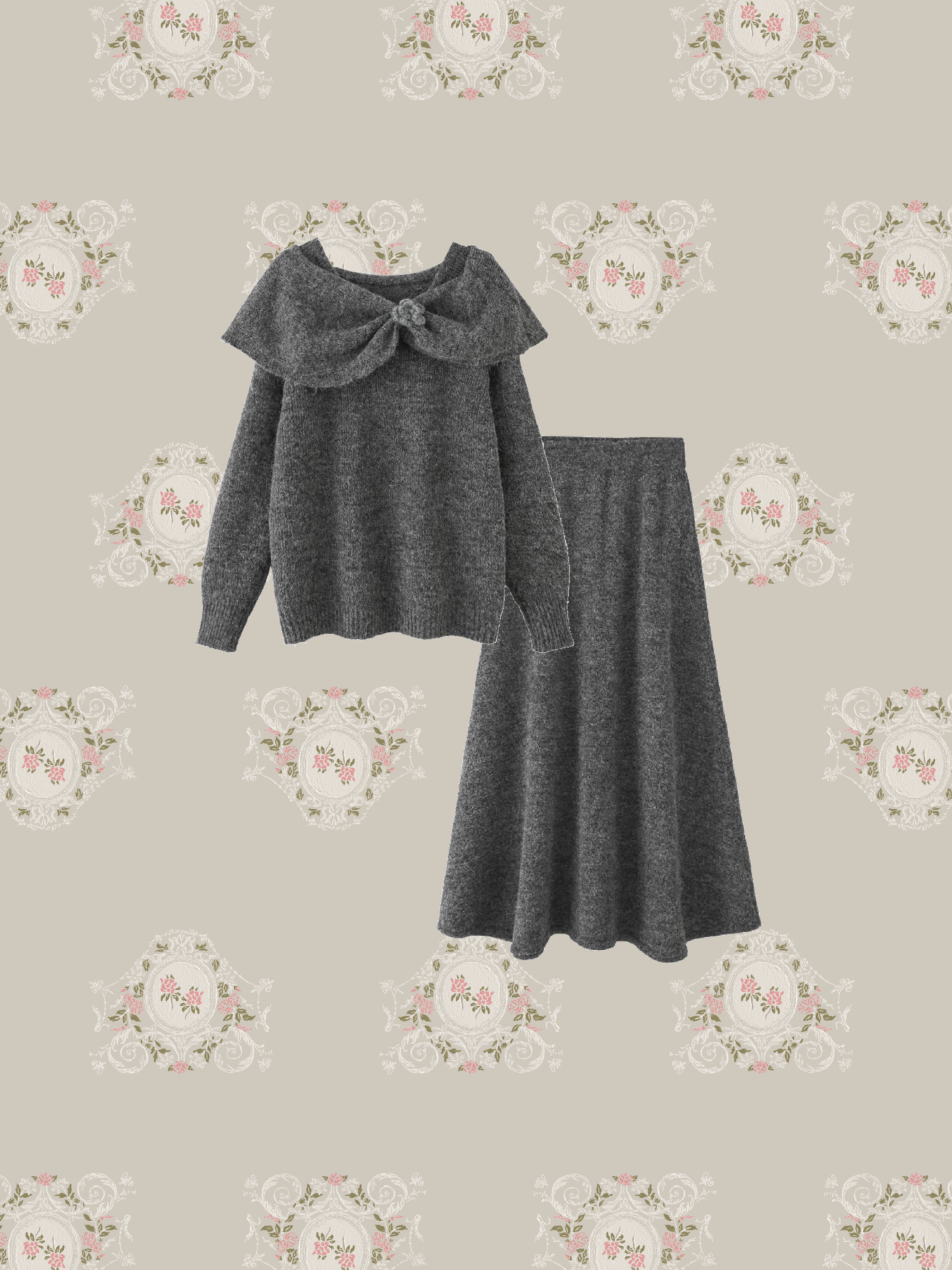 Elegant Flower Deco Sweater Set Up/エレガントフラワーデコセーターセットアップ