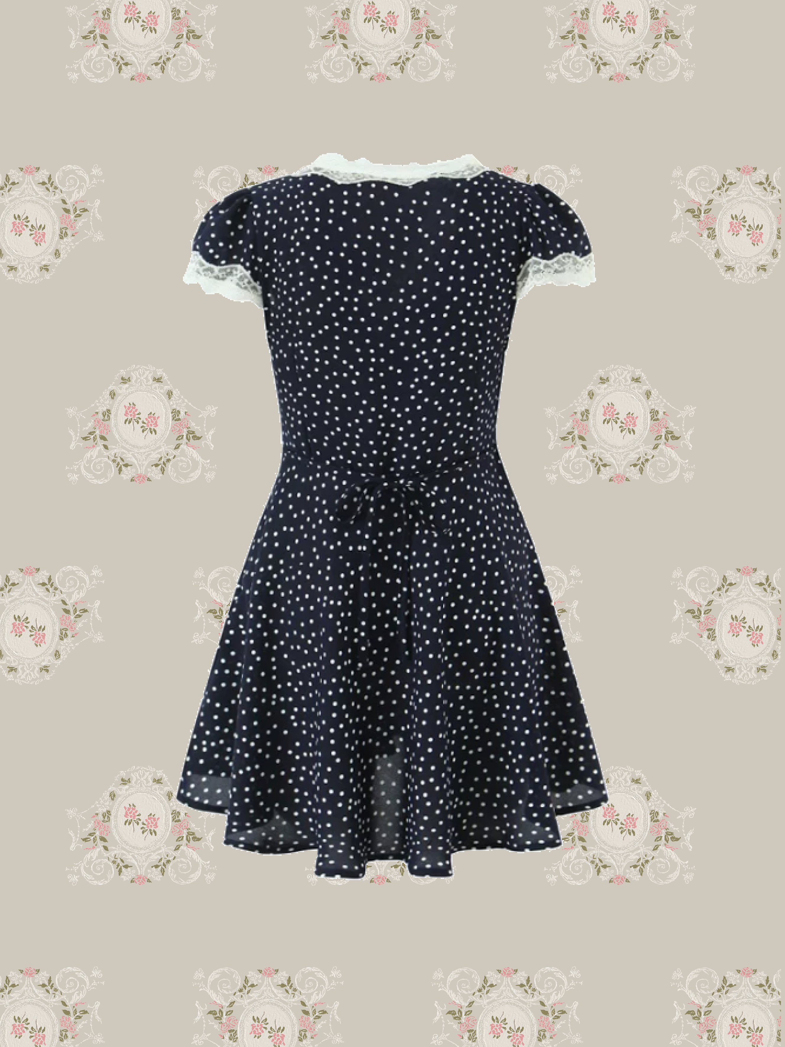 V-neck Lace Piping Dots One Piece/Vネックレースパイピングドット柄ワンピース