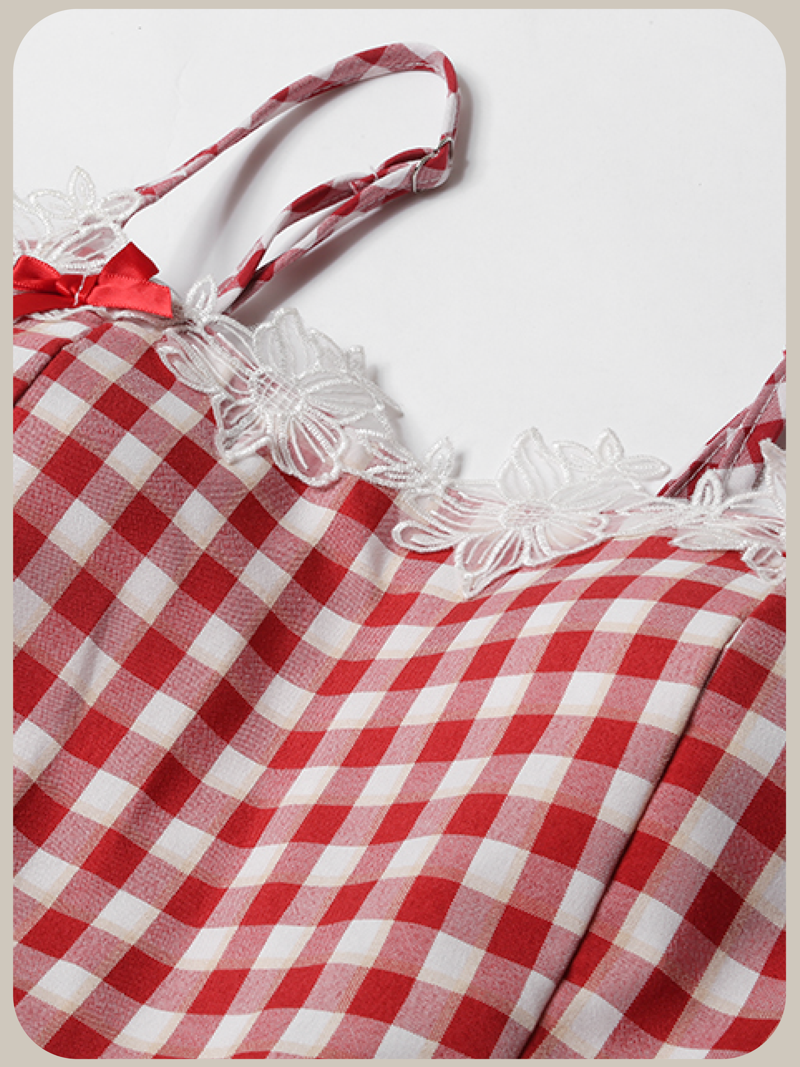 Lace Stitching Red Check Cami Dress/レースステッチレッドチェックキャミワンピース