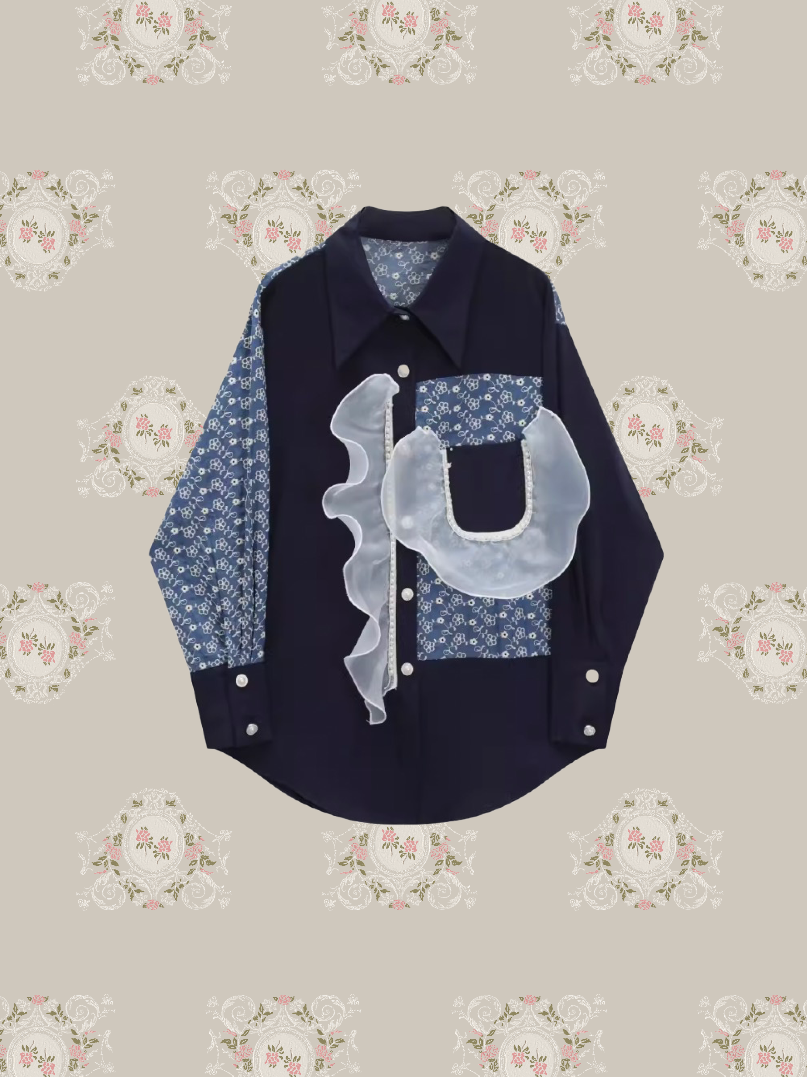 Pearl Button Frill Deco Shirt/パールボタンフリルデコシャツ