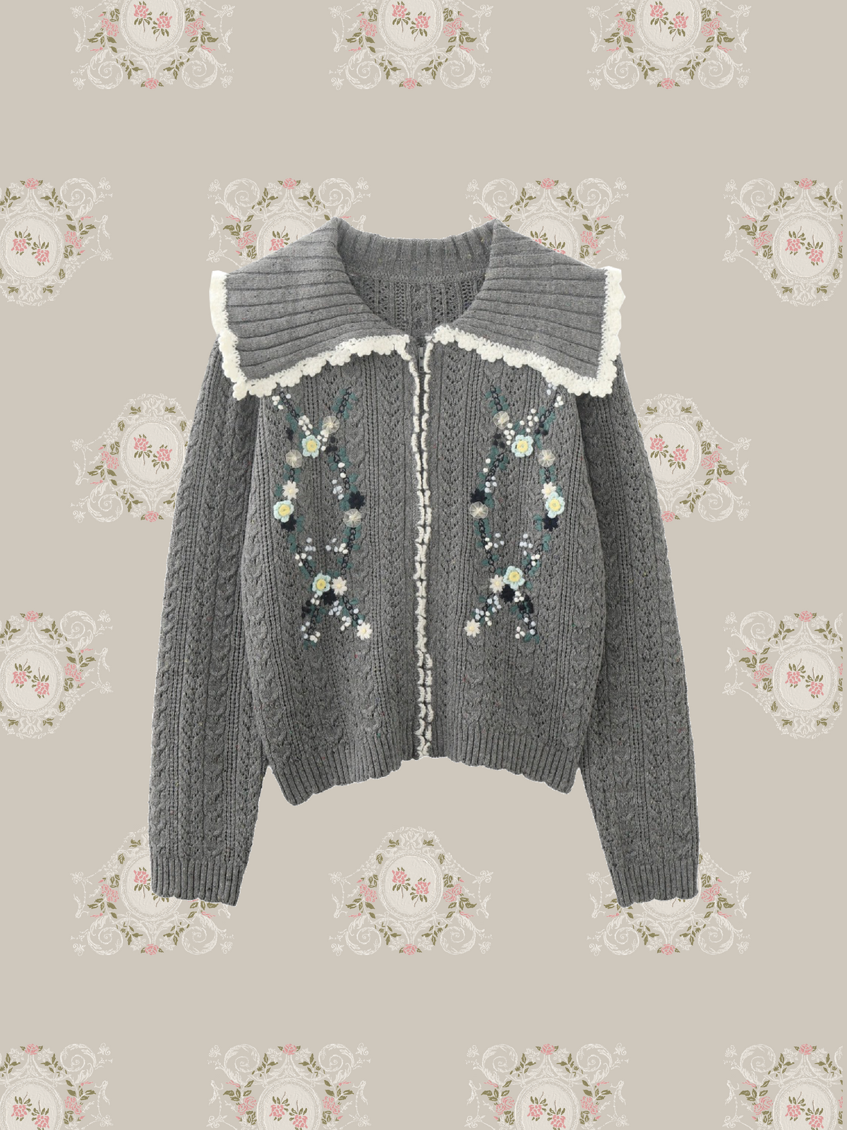 Texture Embroidery Scalloped Lace Trim Cardigan/テクスチャー刺繍スカラップレーストリムカーディガン