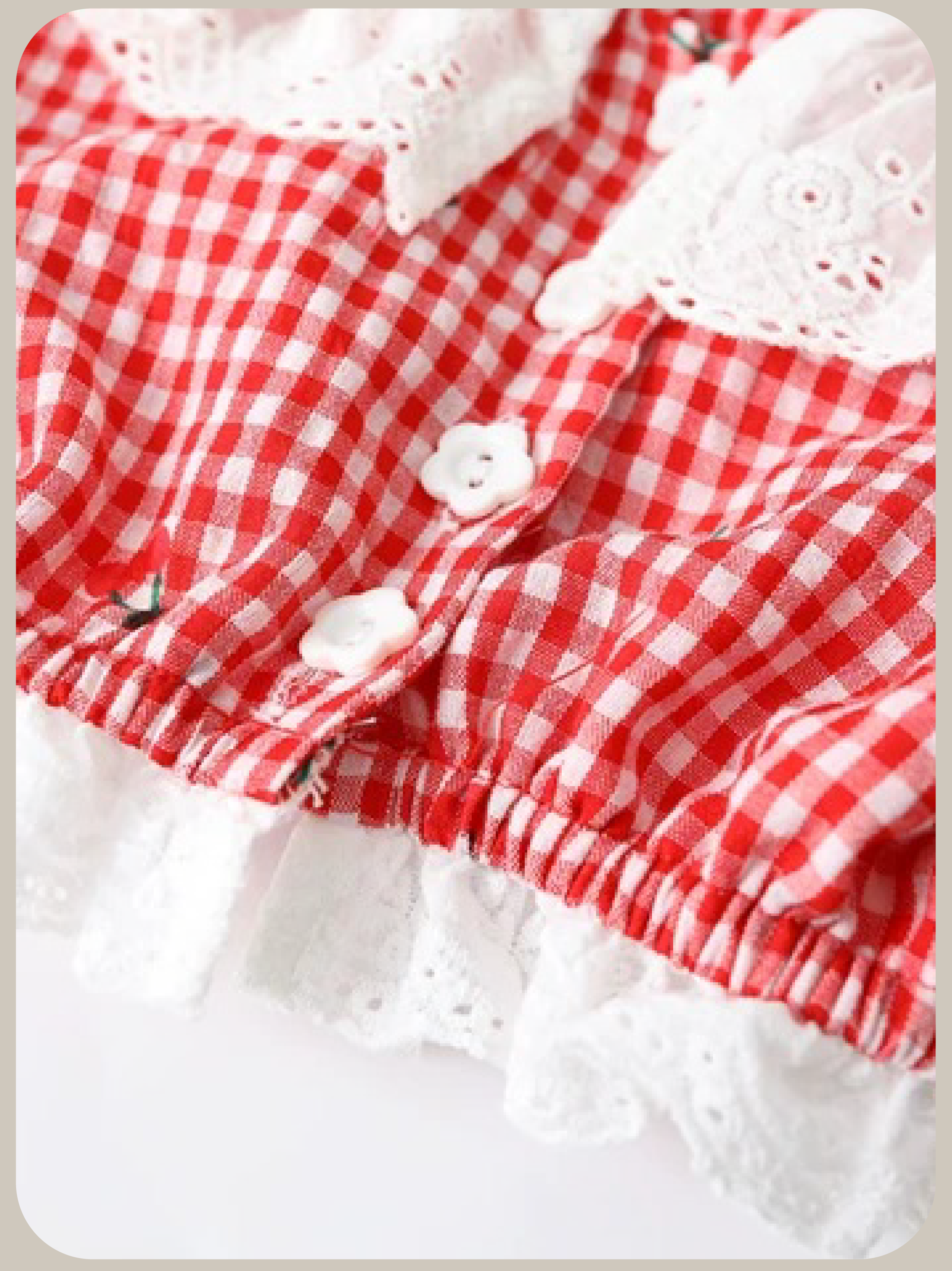 Cheery Lace Trim Puff Sleeve Gingham Set Up/チェリーレーストリムパフスリーブギンガムチェックセットアップ
