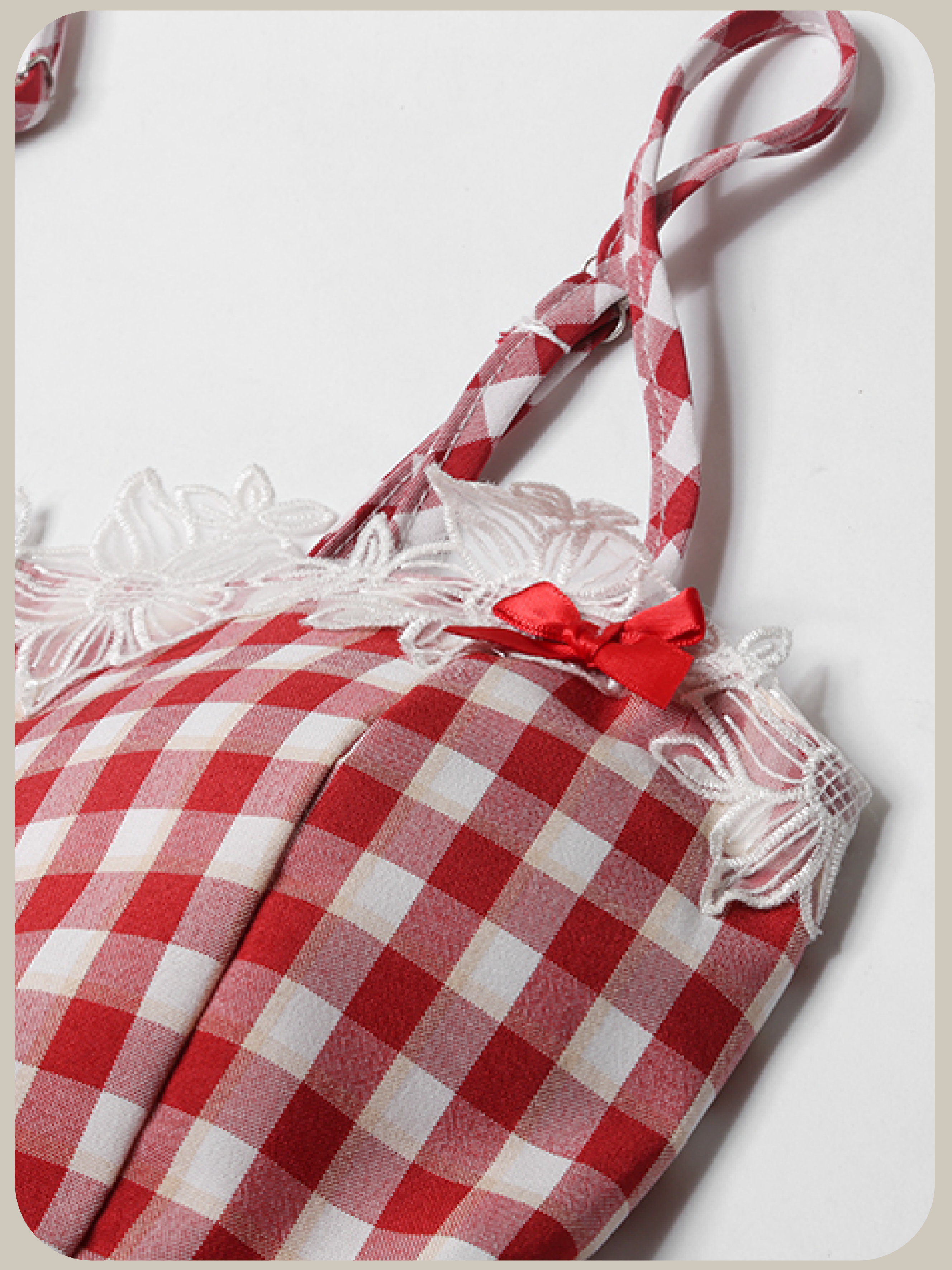 Lace Stitching Red Check Cami Dress/レースステッチレッドチェックキャミワンピース