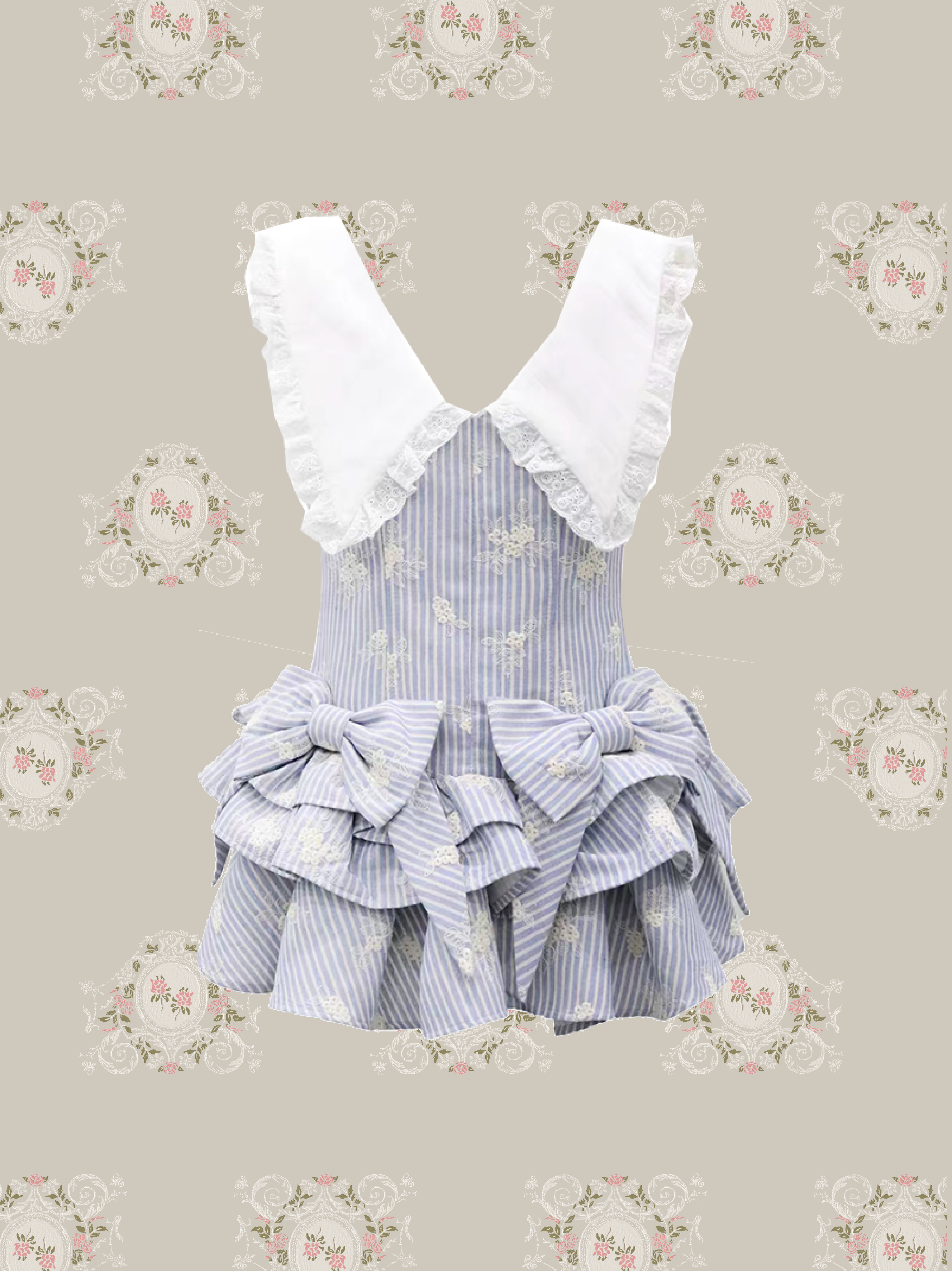 Waist Ribbon Lace Collar Floral Stripe Dress/ウエストリボンレース襟花柄ストライプワンピース