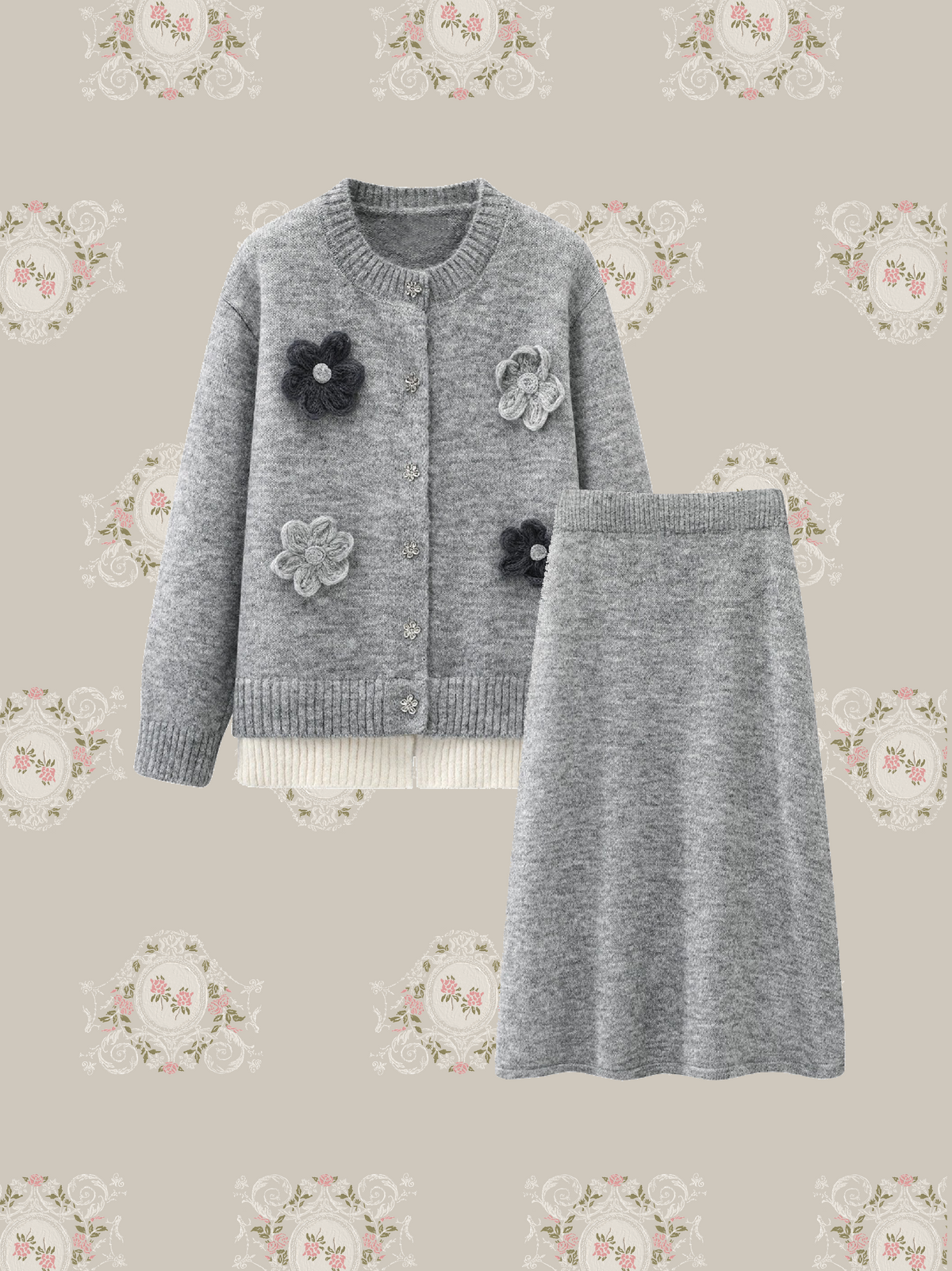Elegant Flower Applique Cardigan Set Up/エレガントフラワーアップリケカーディガンセットアップ
