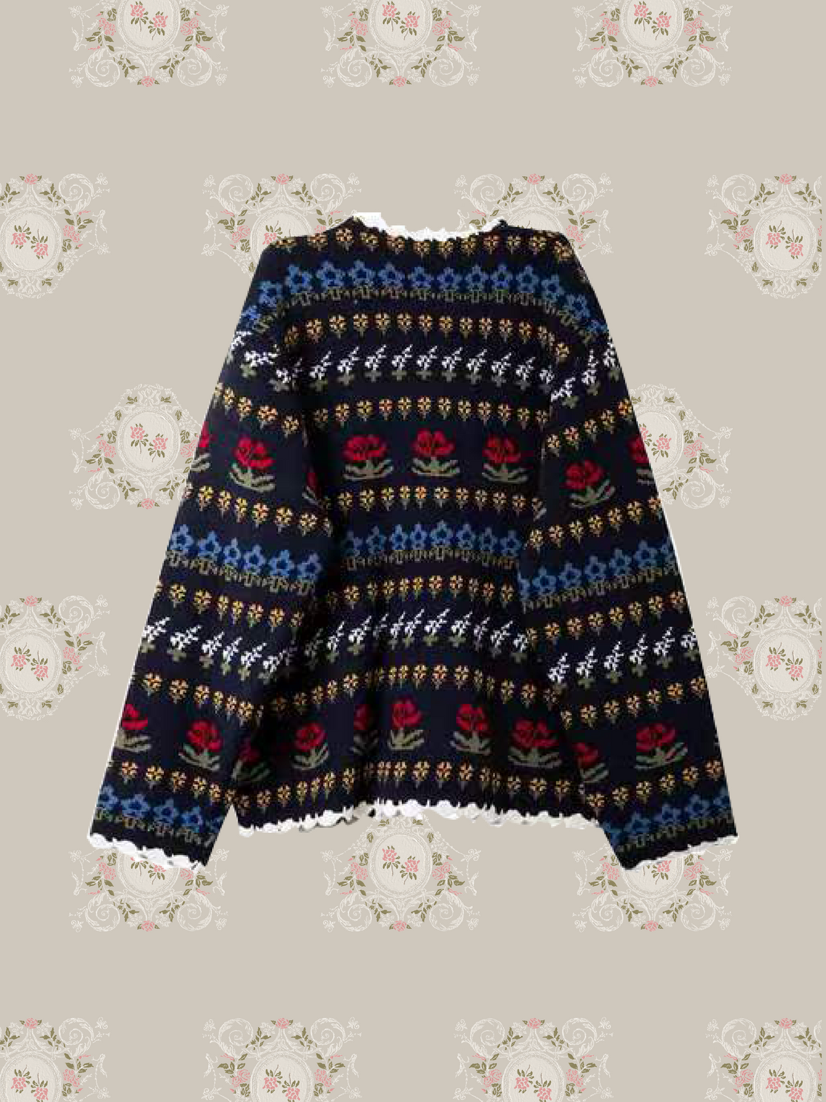 Scallop Trim Lace Up Floral Jacquard Cardigan/スカラップトリム レースアップ花柄ジャカードカーディガン