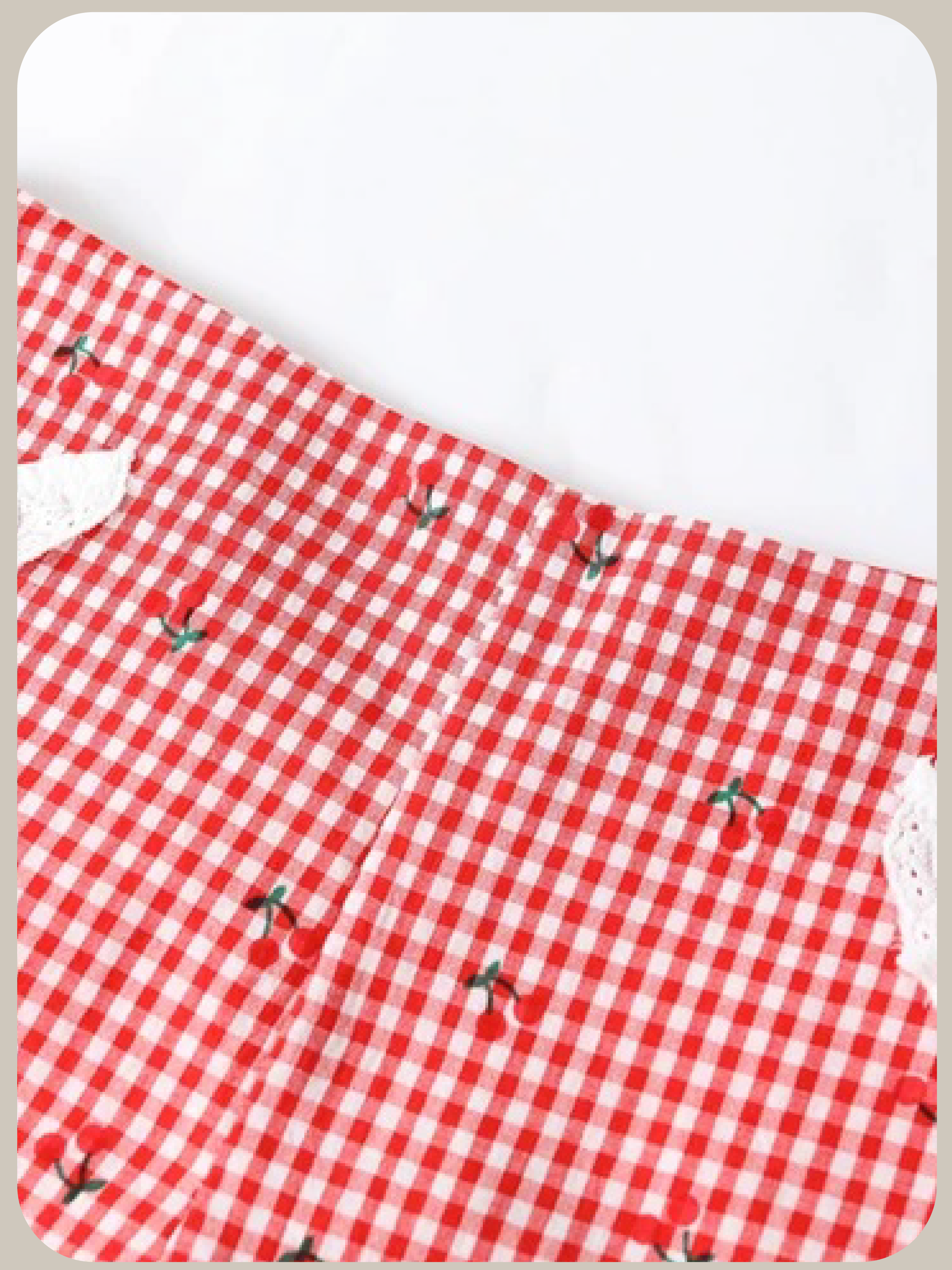 Cheery Lace Trim Puff Sleeve Gingham Set Up/チェリーレーストリムパフスリーブギンガムチェックセットアップ