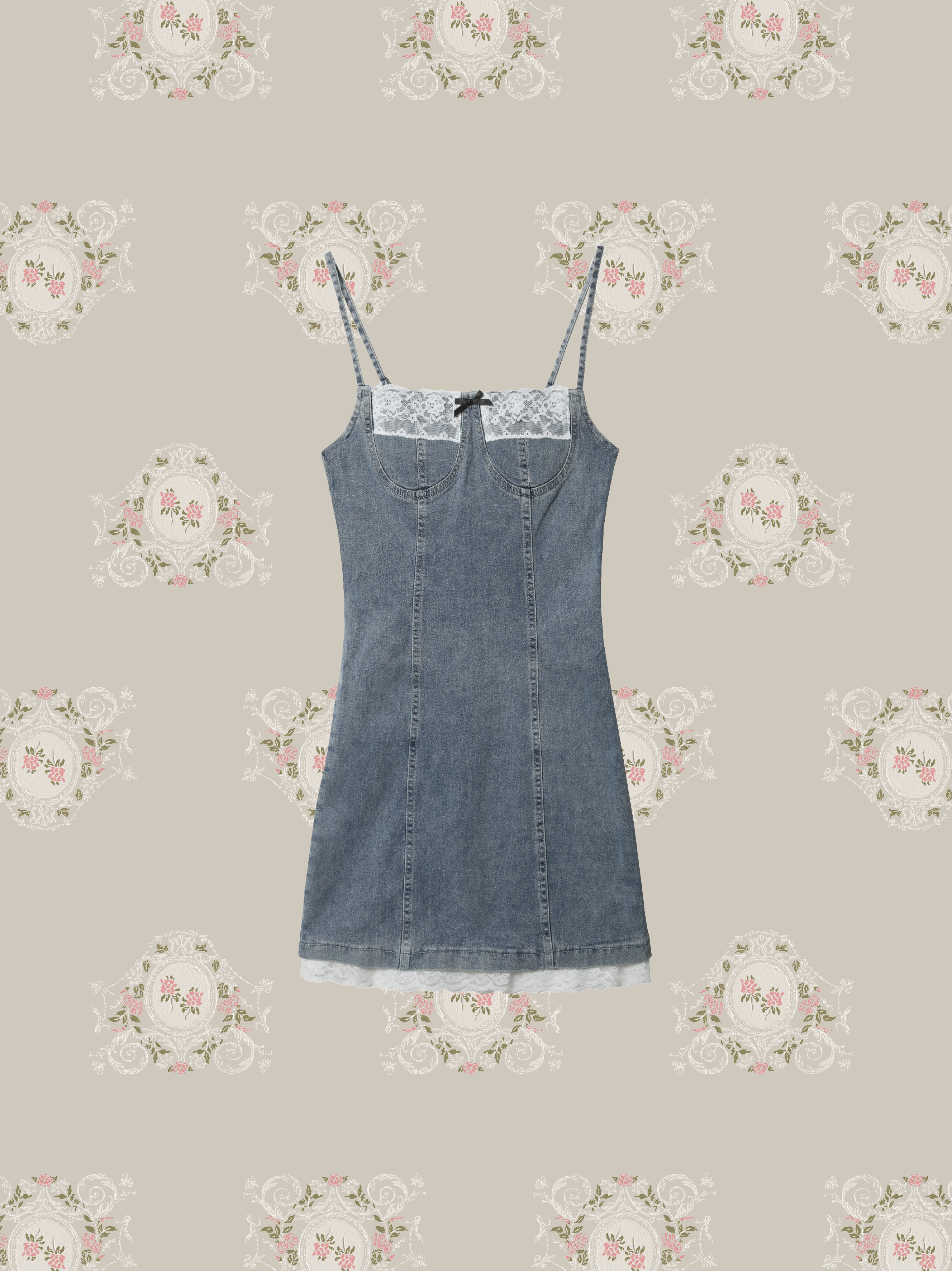 Slim Lace Stitch Denim Dress/シルムレースステッチデニムドレス