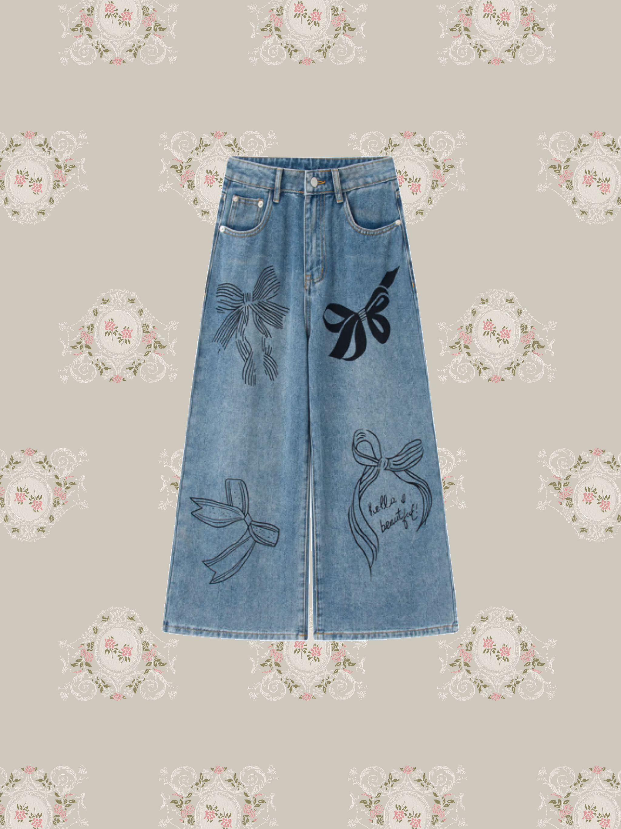 Ribbon Print Wide Denim Pants/リボンプリントワイドデニムパンツ