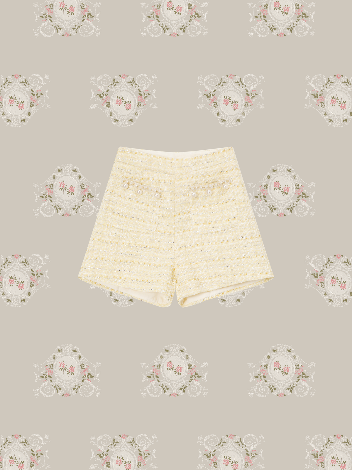 Pale Yellow Pearl Tweed Jacket Short Pants Set Up/ペールイエローパール付きツイードジャケットショートパンツセットアップ