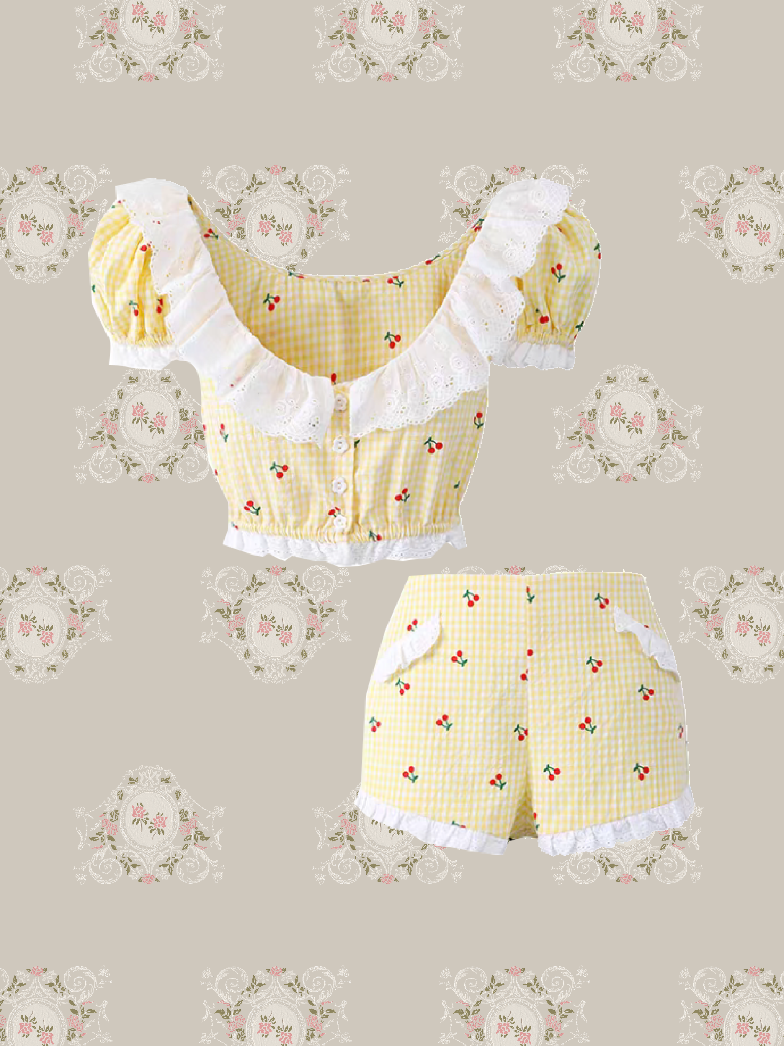 Cheery Lace Trim Puff Sleeve Gingham Set Up/チェリーレーストリムパフスリーブギンガムチェックセットアップ