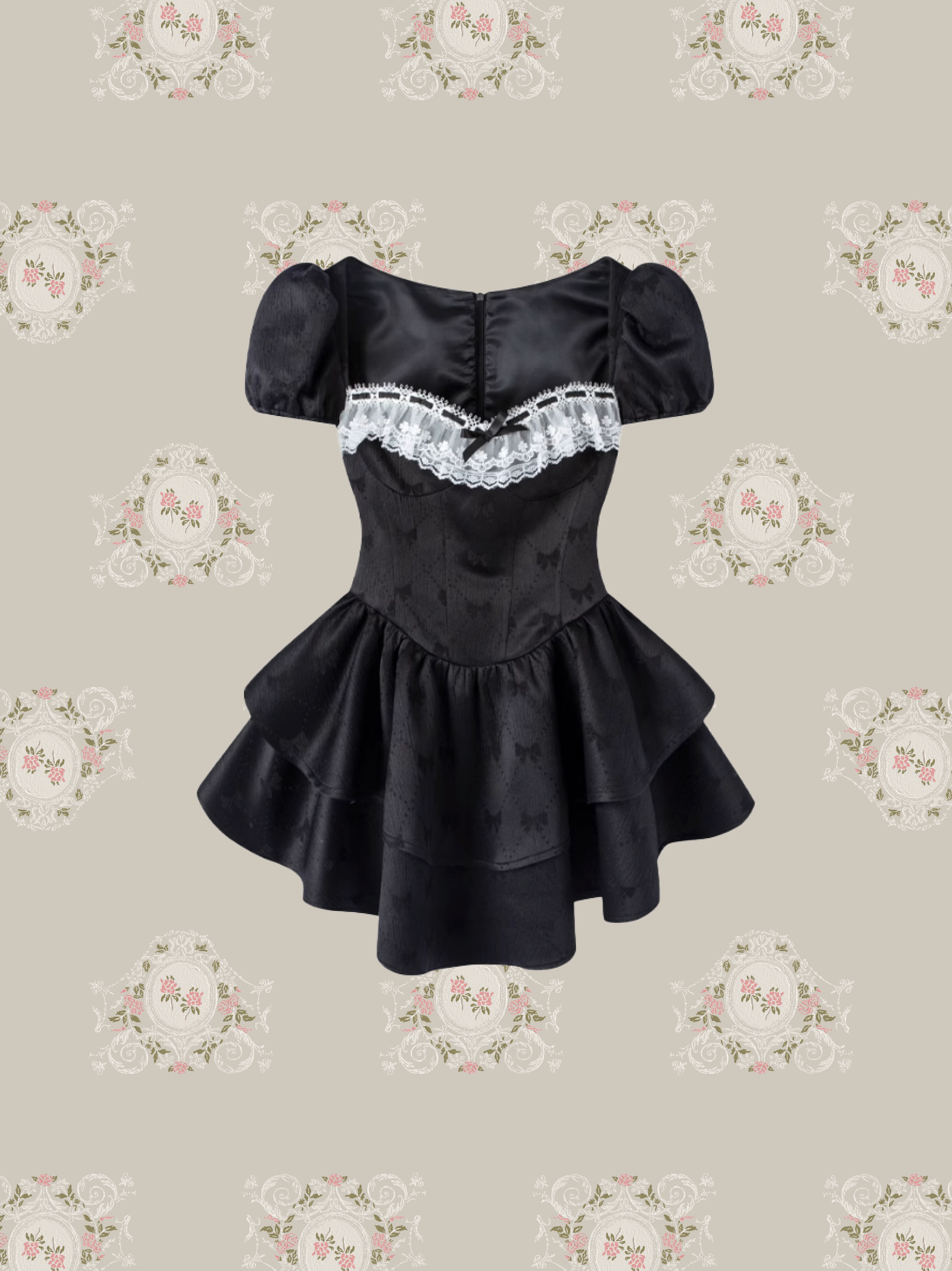 Lace Deco Ribbon Emboss Dress/レースデコリボンエンボスドレス