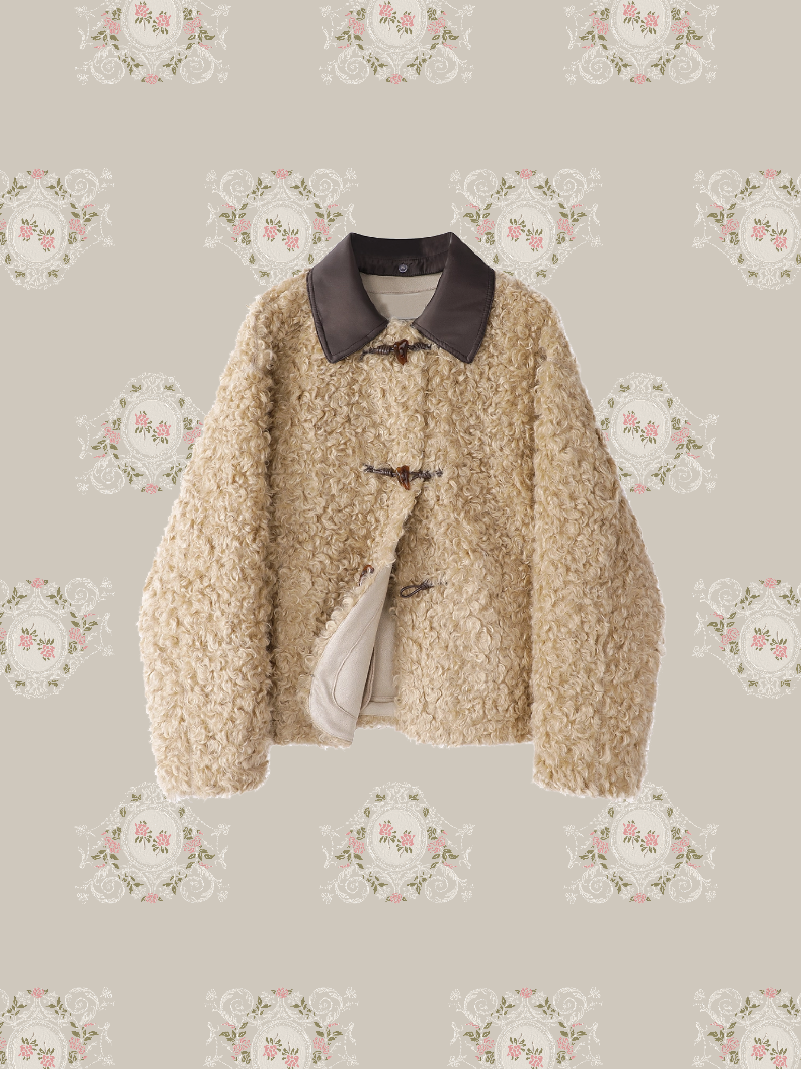 Moveable PU Collar Faux Fur Jacket/PUカラーフェイクファージャケット