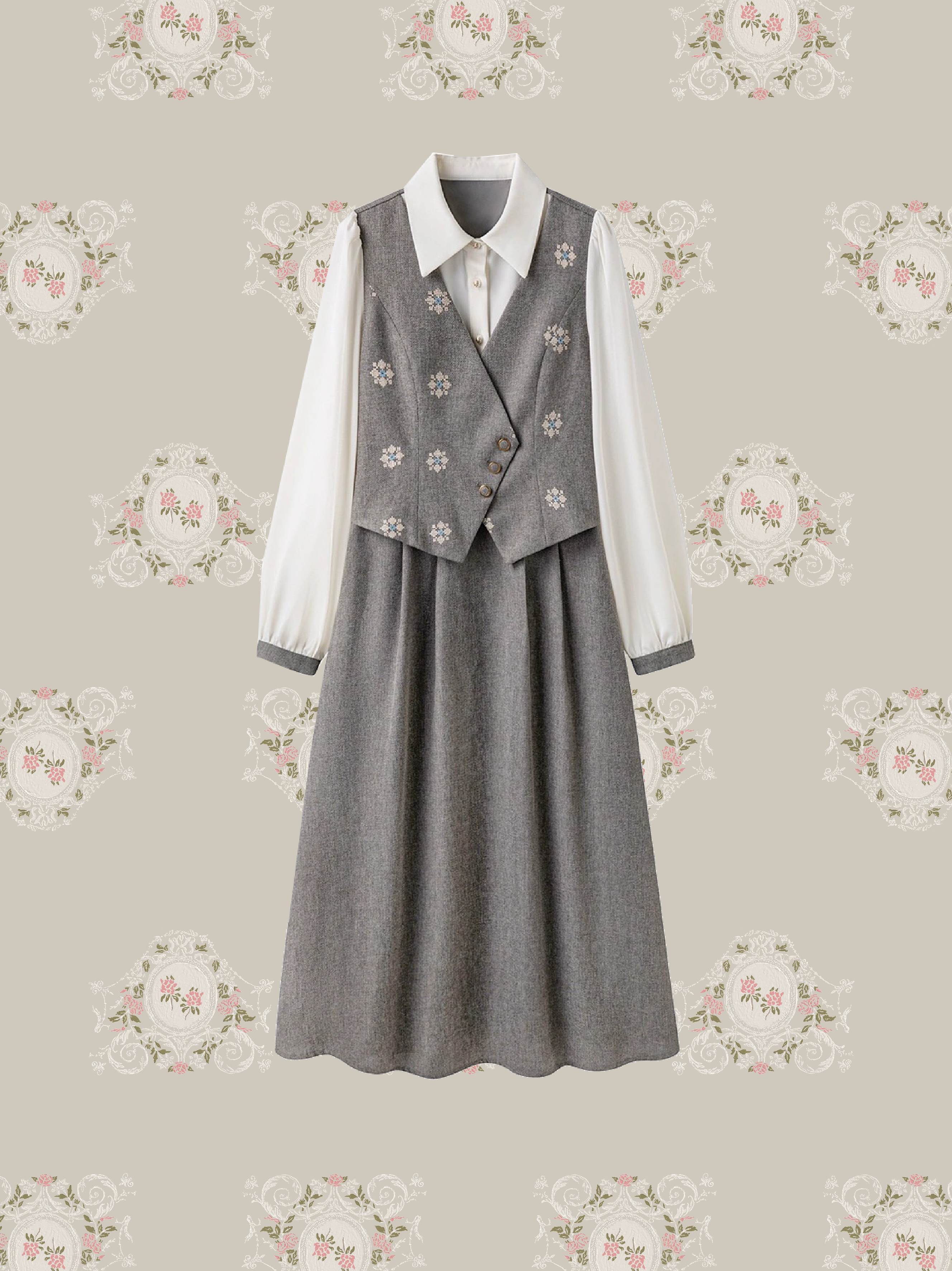 Fake Two Floral Embroidery One Piece/フェイクレイヤード花柄刺繍ワンピース