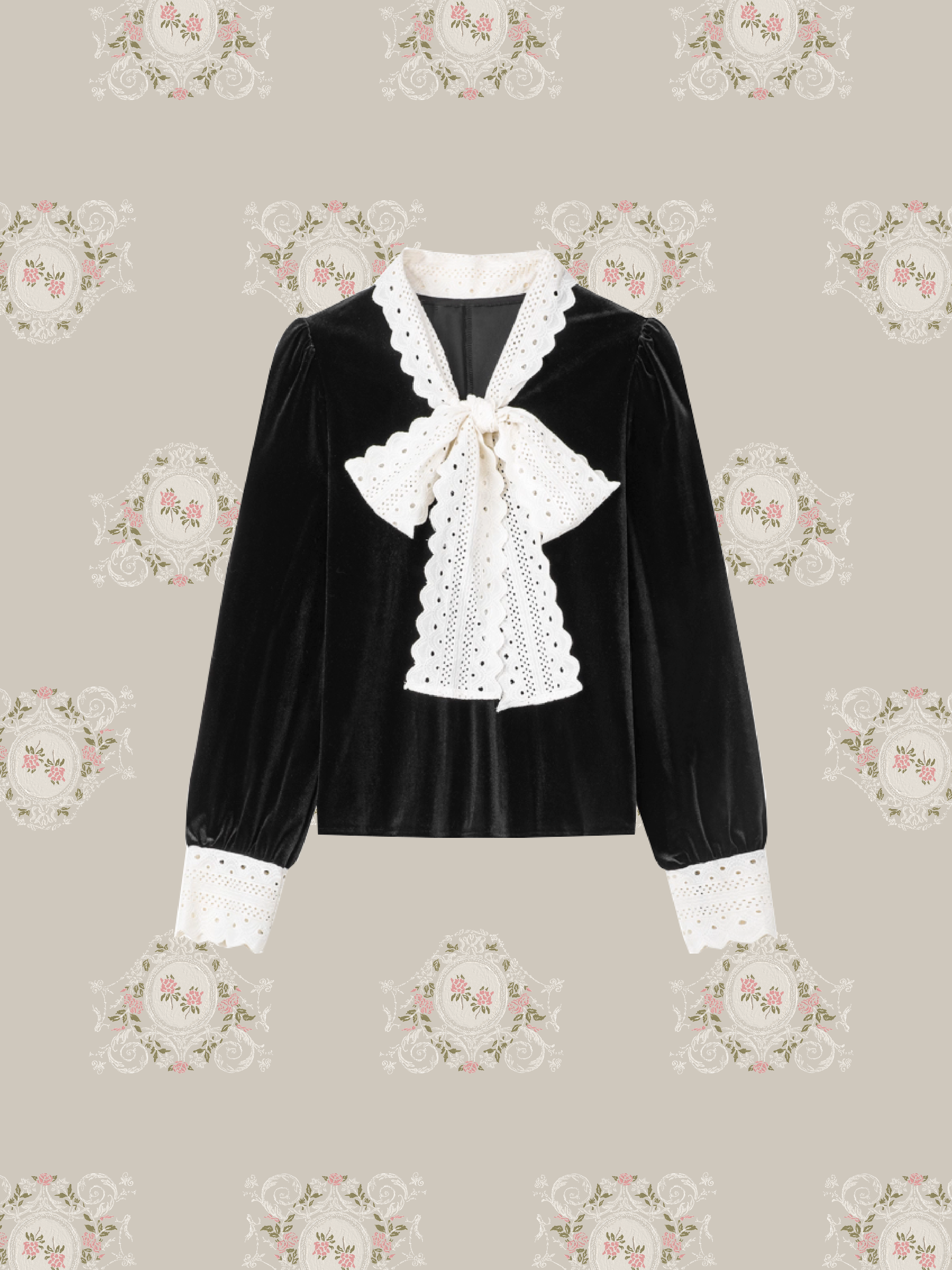 Big Lace Ribbon Velvet Blouse/ビッグレースリボンベルベットブラウス