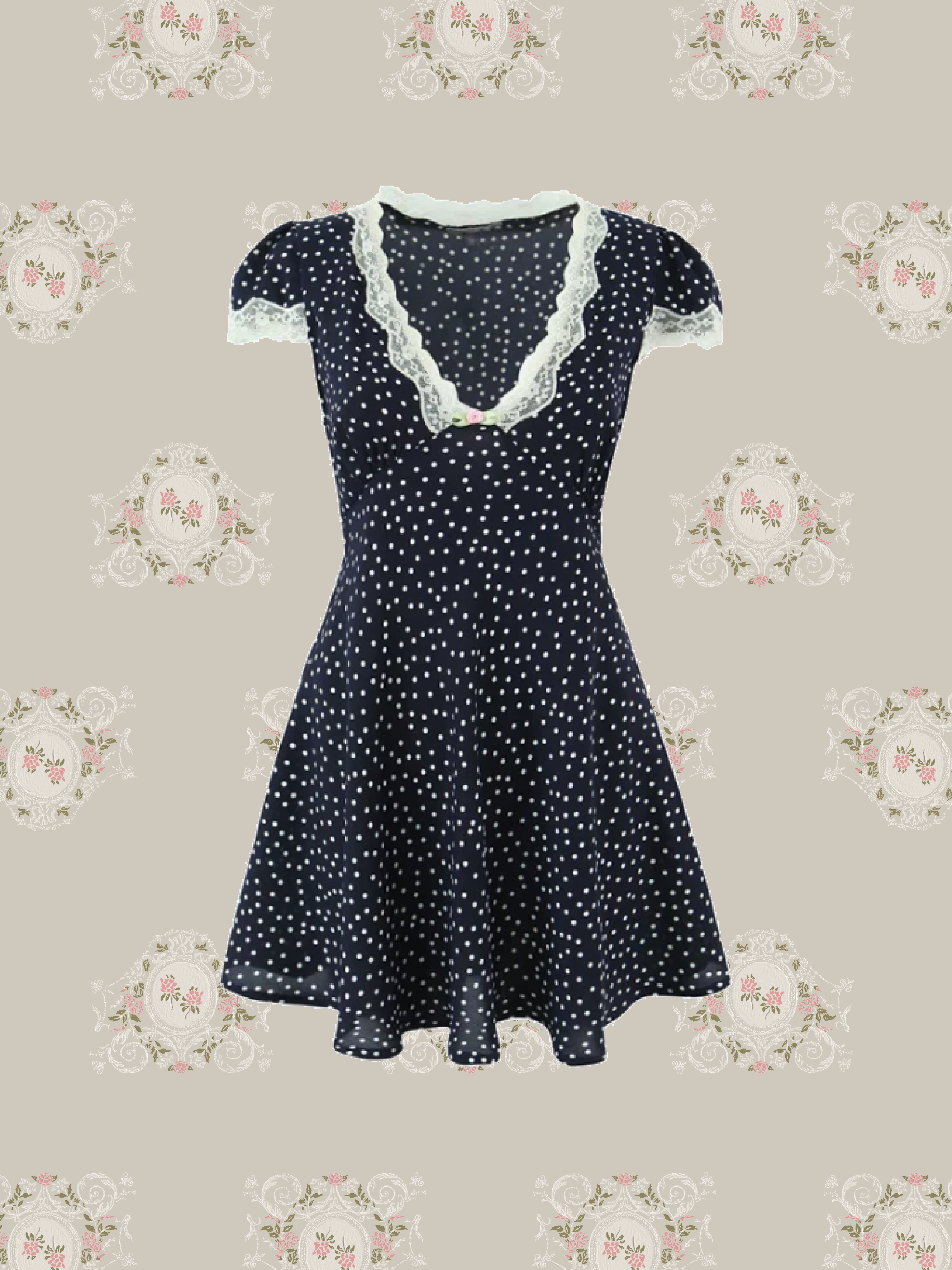 V-neck Lace Piping Dots One Piece/Vネックレースパイピングドット柄ワンピース