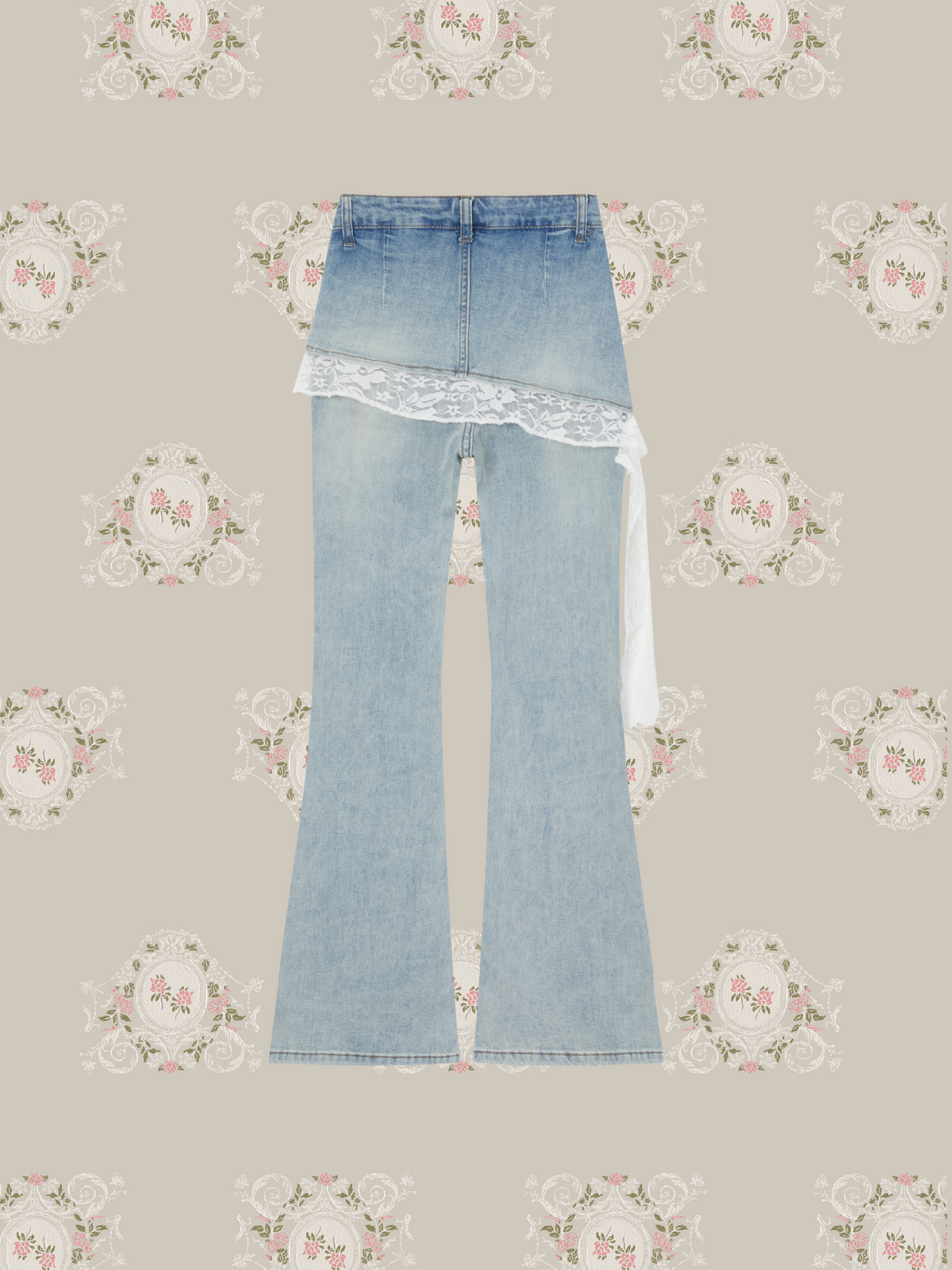 Layer Wrap Skirt Lace Flare Denim Pants/レイヤードラップスカート付きレースフレアデニムパンツ