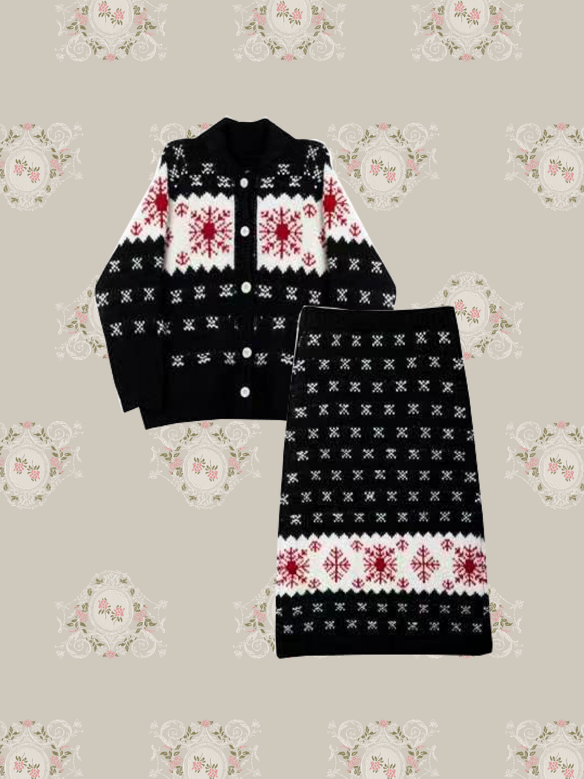 Snowflake Jacquard Fair Isle Cardigan Midi Skirt Set Up/スノーフレーク柄ジャカードフェアアイルカーディガンミディスカーセット