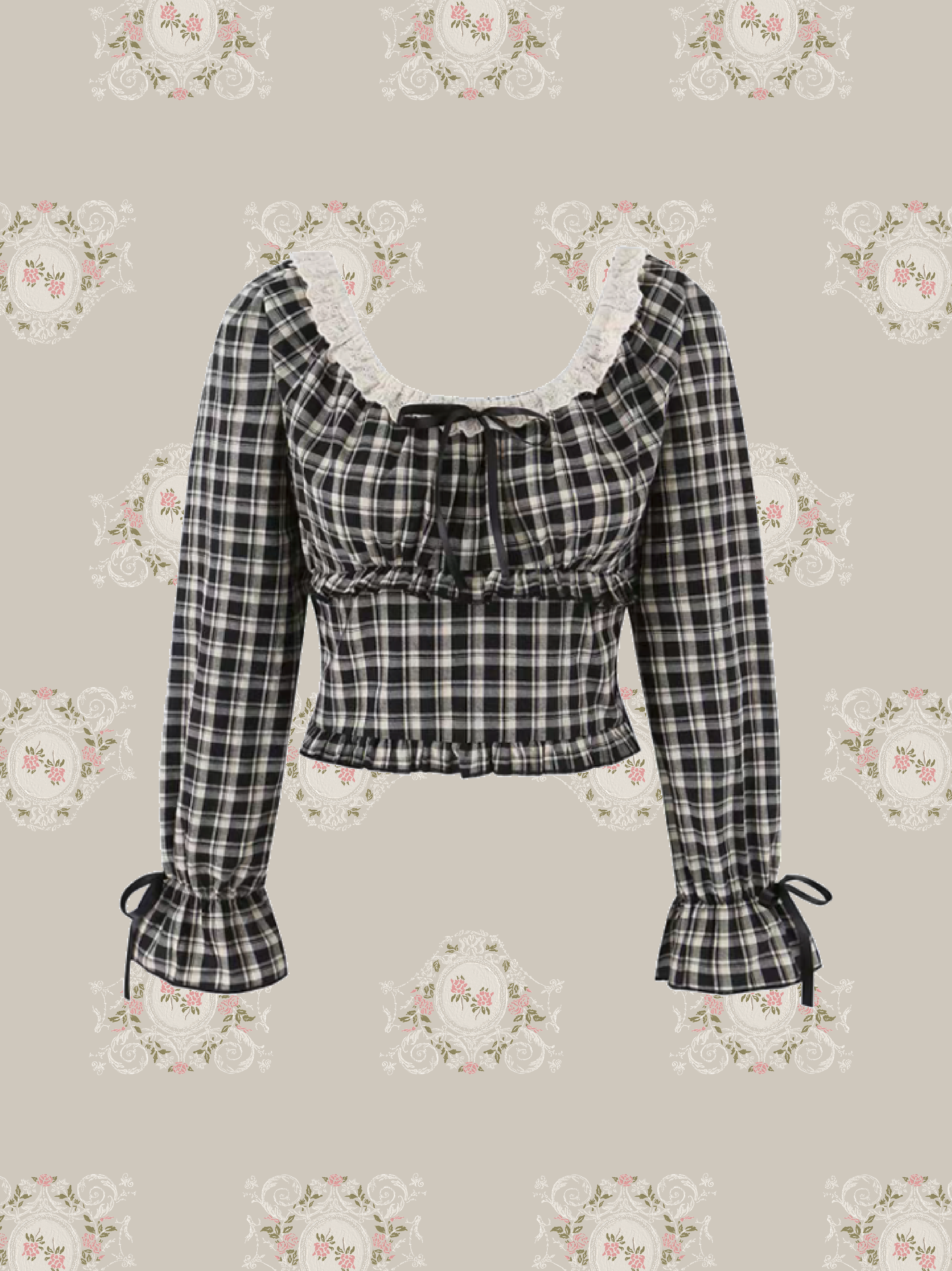 Gingham Check Lace Trim Cropped Top/ギンガムチェックレーストリムクロップドトップス