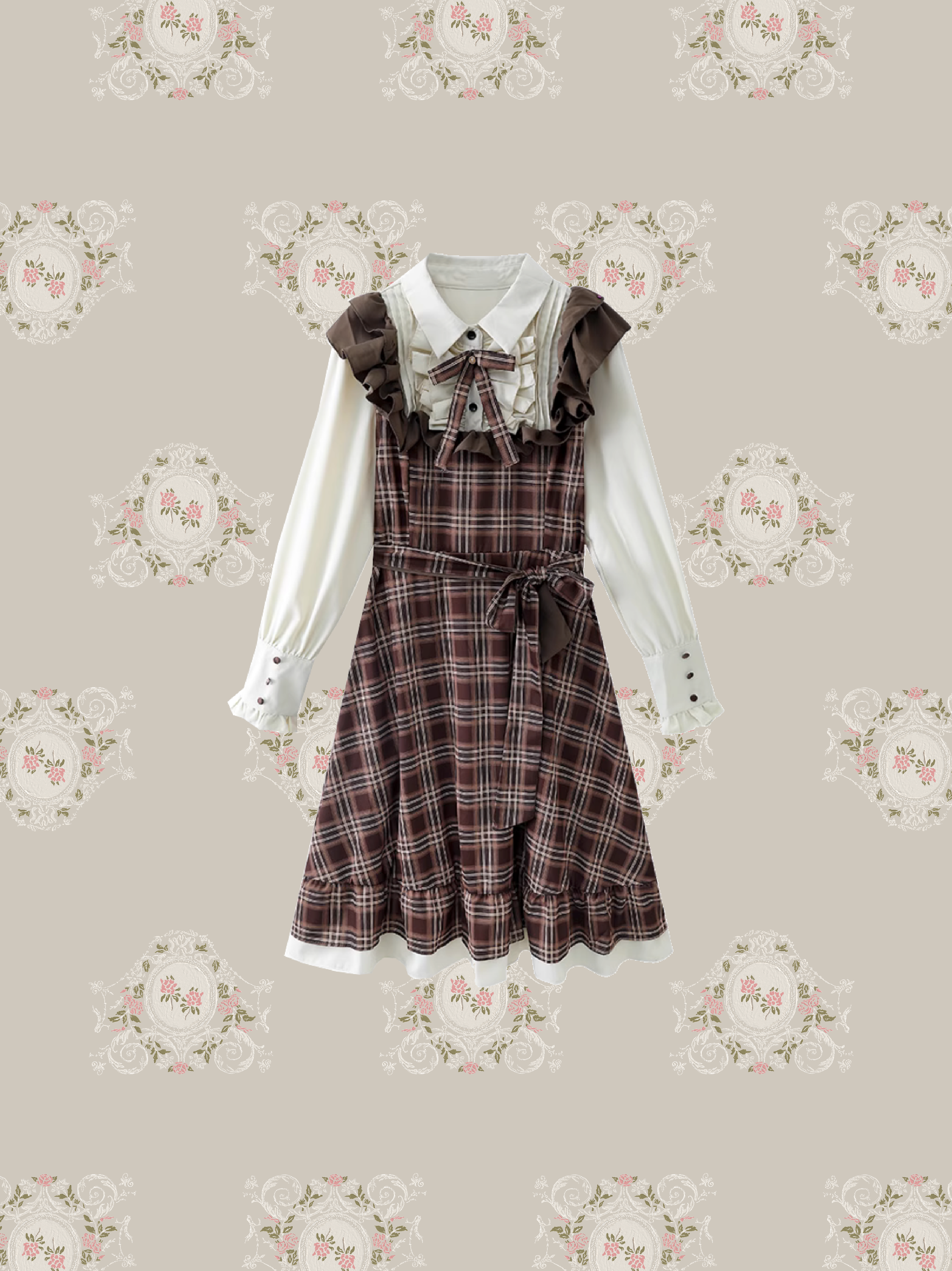 Fake Two Brown Check Frill Onepiece/フェイクツーブラウンチェックフリルワンピース