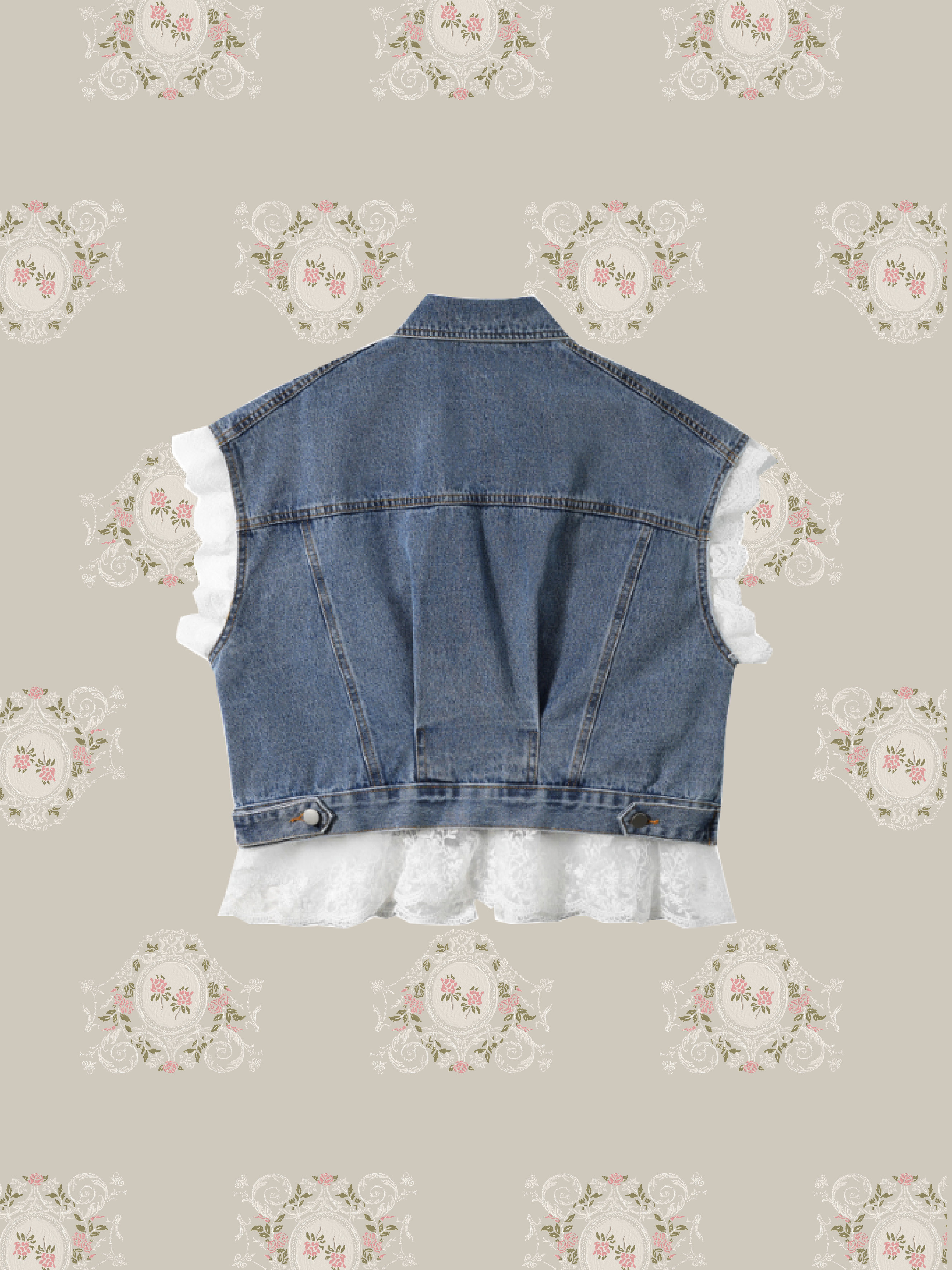 Romantic Lace Deco Denim Vest/ロマンティックレースデコデニムベスト