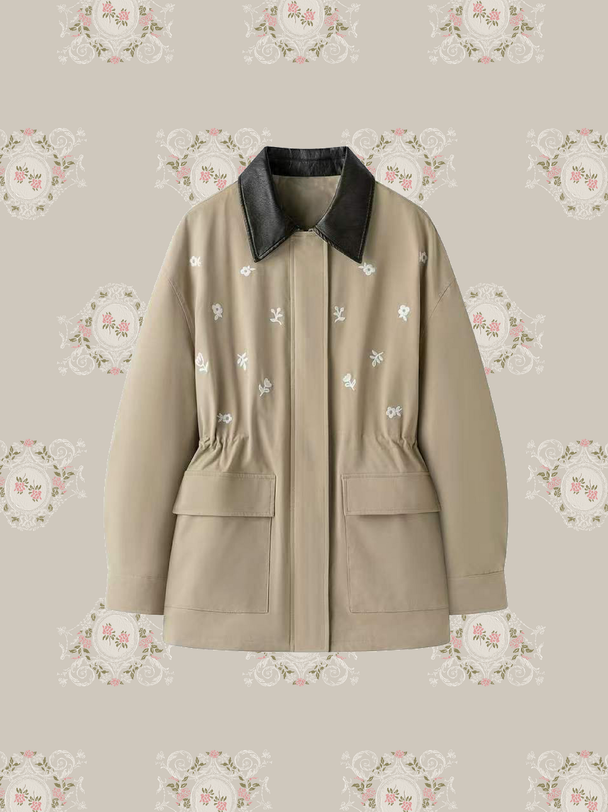 PU Collar Embroidery Trench Coat/PU襟刺繍トレンチコート