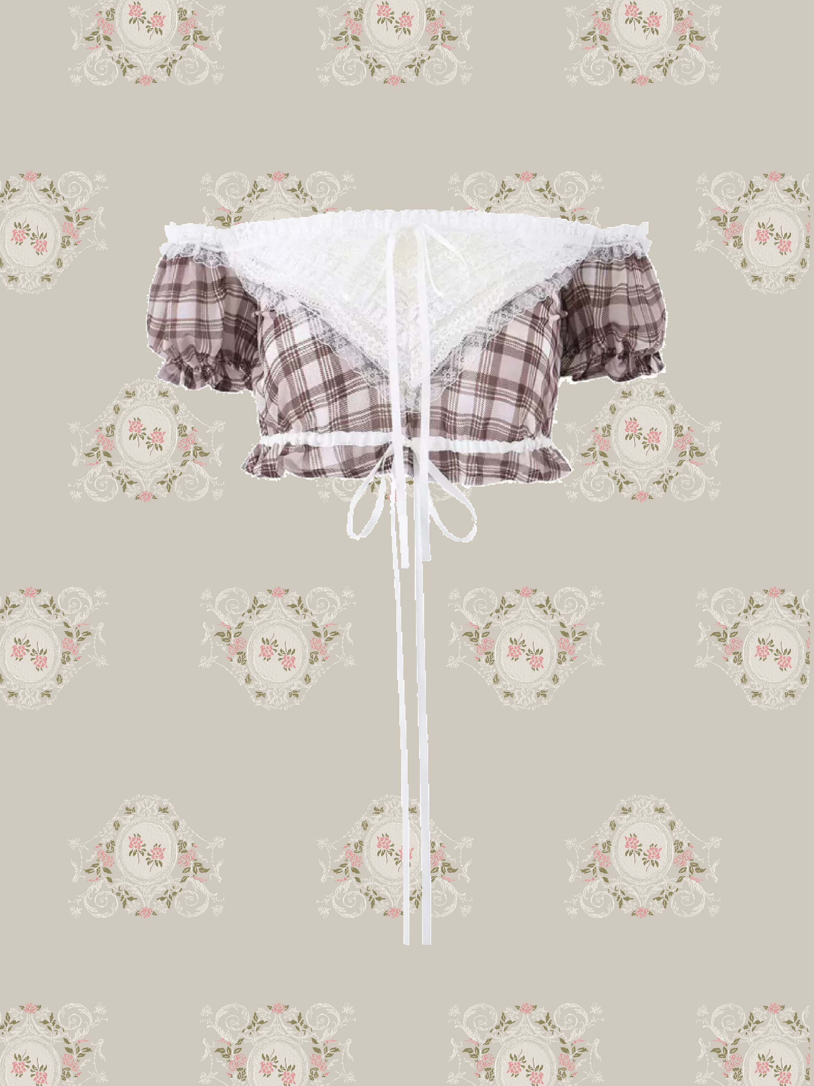 Off-Shoulder Plaid Lace Crop Top/オフショルダーチェック柄レースクロップトップ