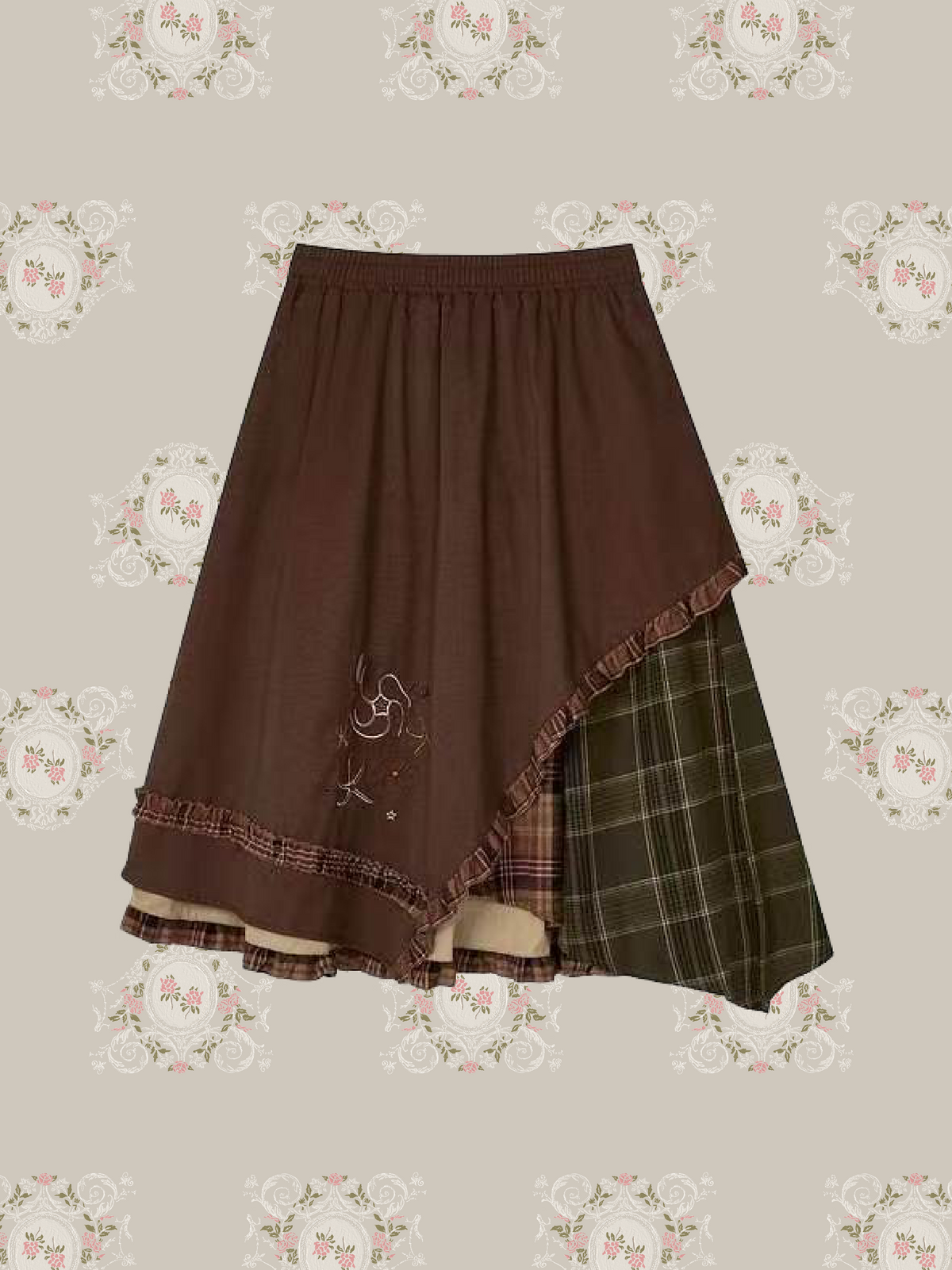 Asymmetry Ruffle Hem Plaid Stitching Skirt/アシンメトリーラッフルヘムチェック柄スカート