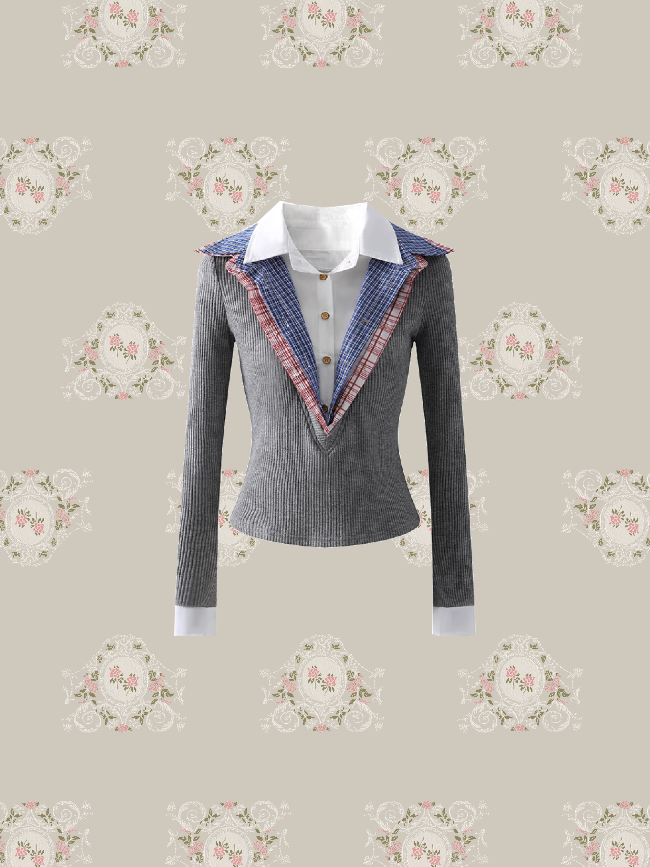 Stitching Shirt Layer Knit Top/ステッチシャツレイヤーニットトップス