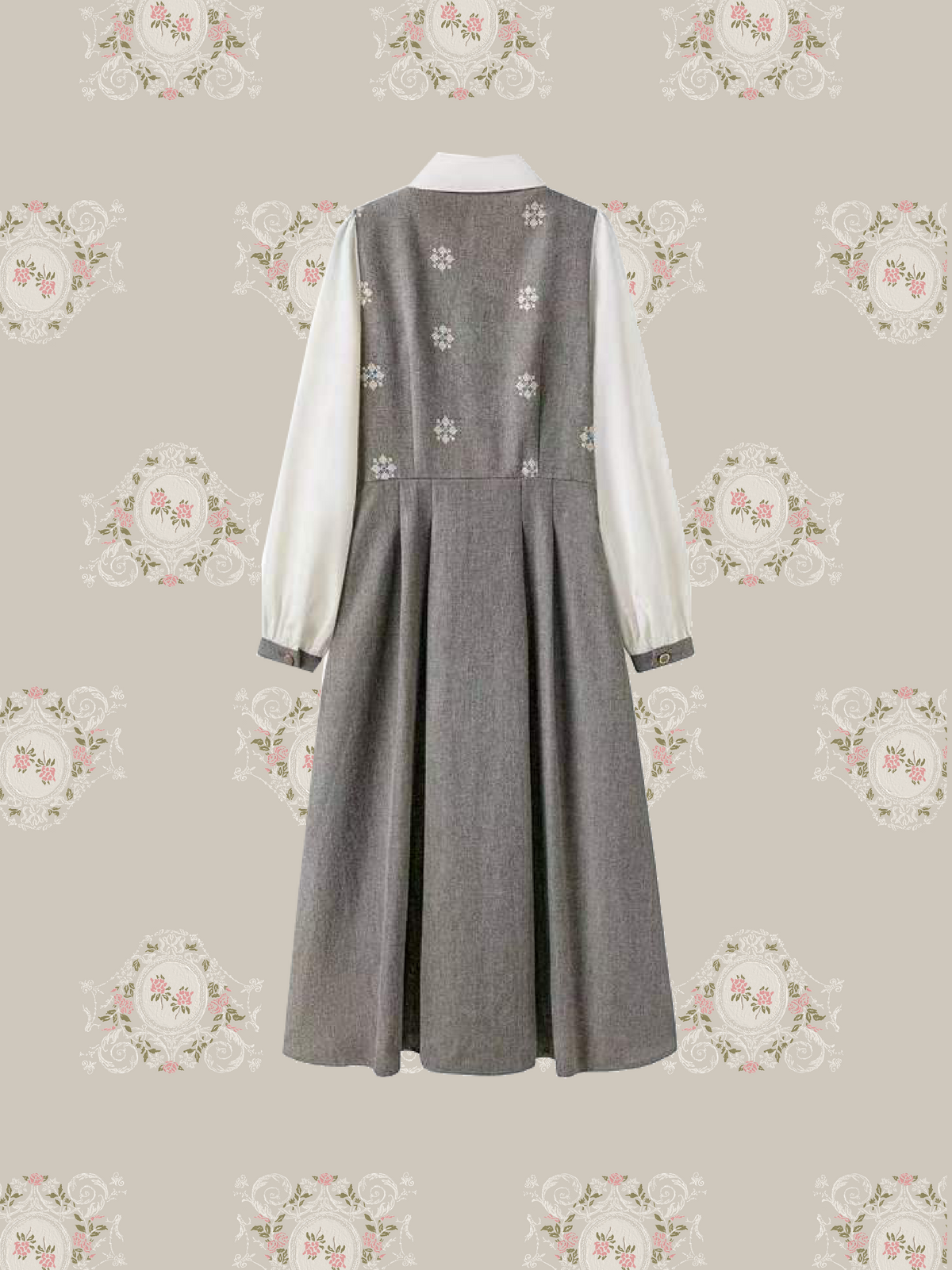 Fake Two Floral Embroidery One Piece/フェイクレイヤード花柄刺繍ワンピース