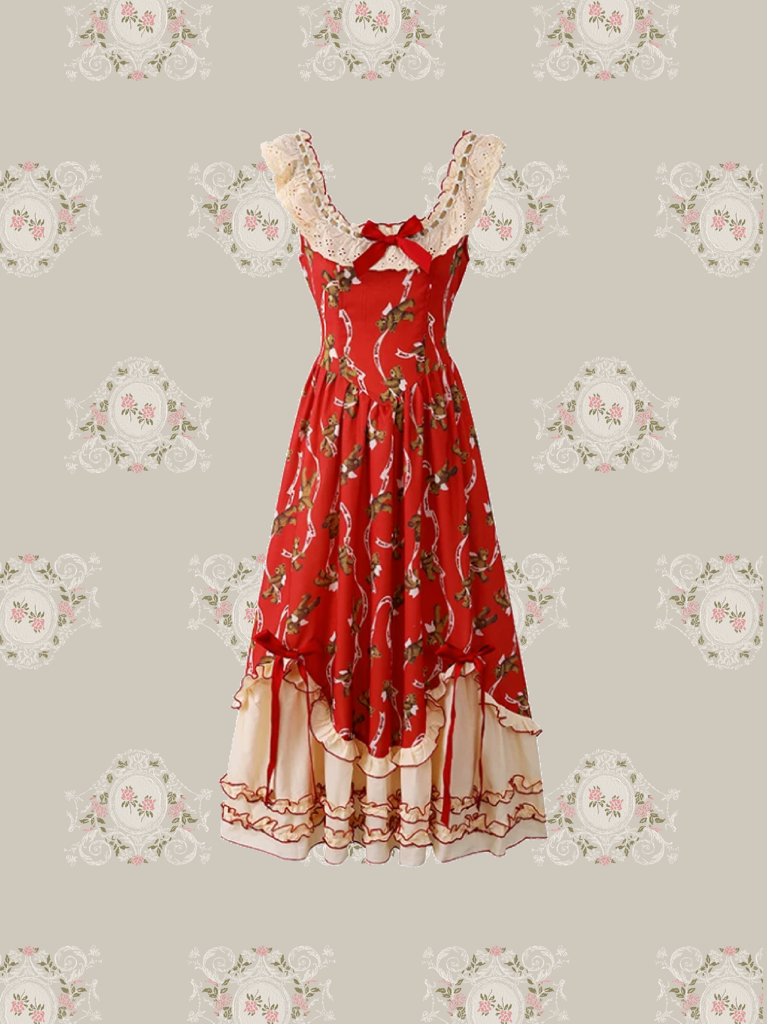 Red Motif Lace Flare Bear One Piece/レッドモチーフレースフレアベアワンピース