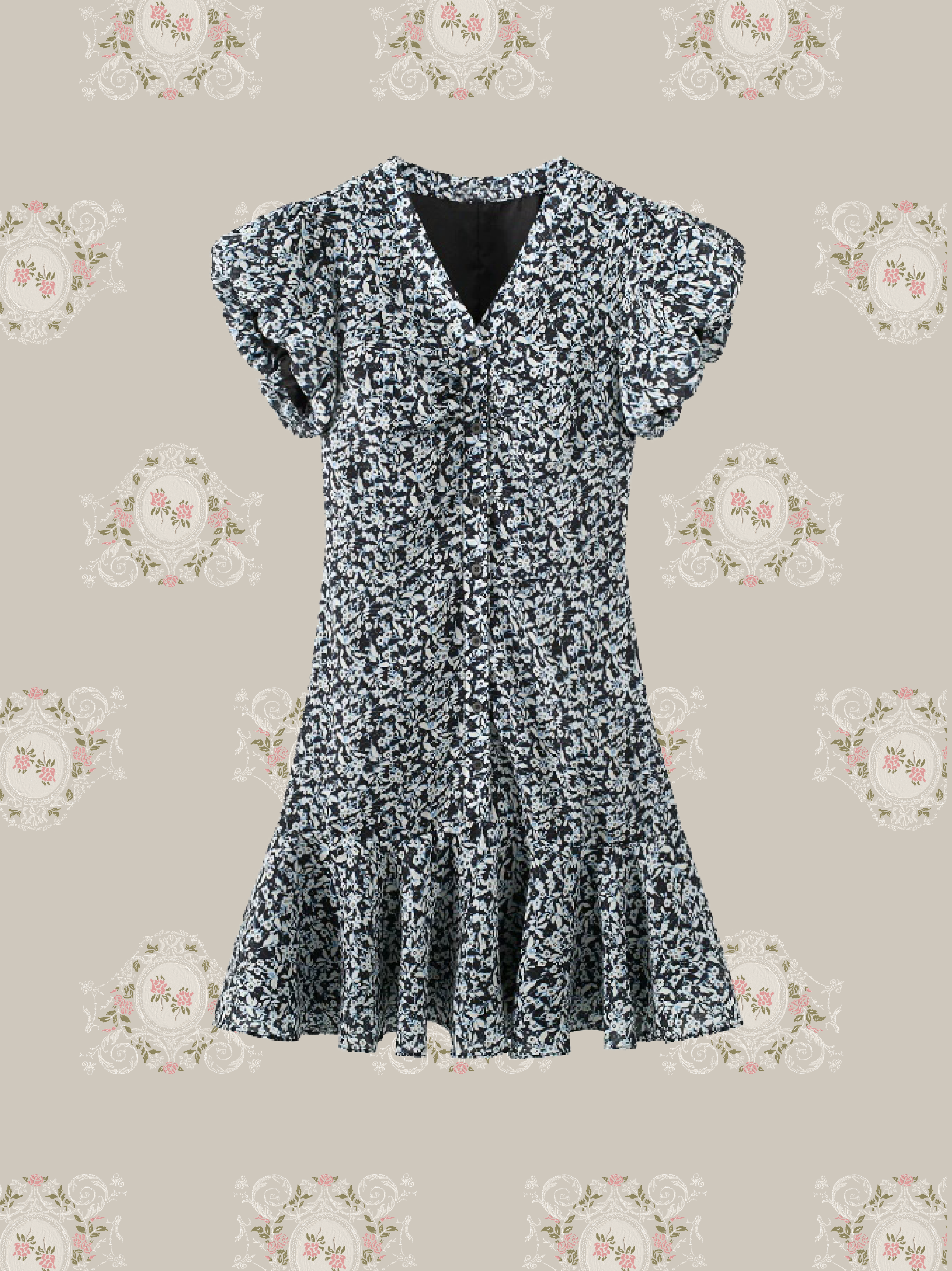 Ditsy Floral Puff Sleeve V‑Neck Ruffle Dress/小花柄パフスリーブVネックラッフルドレス