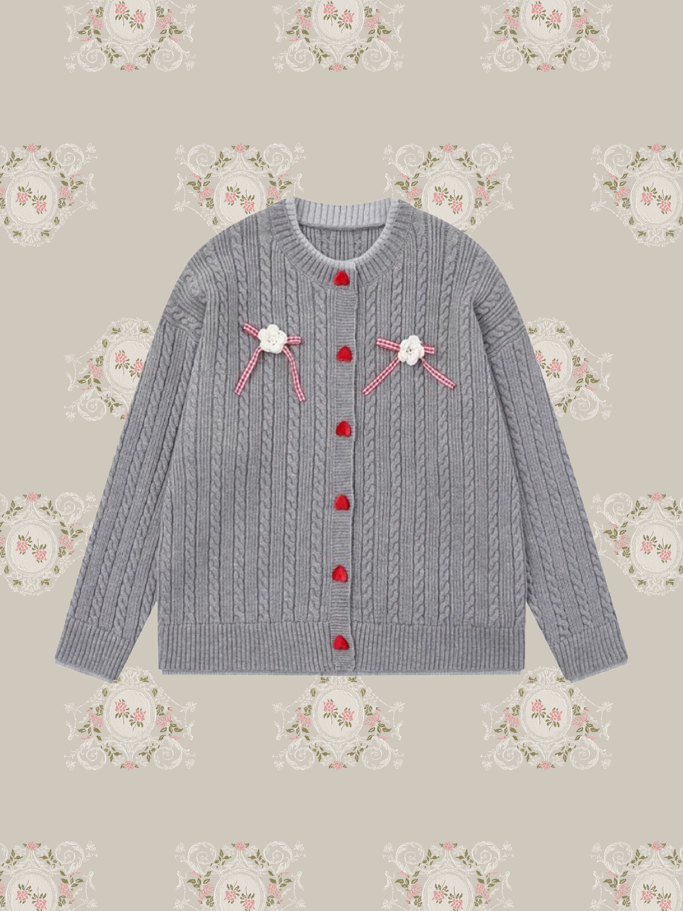 Cute Ribbon Heart Button Rib Cardigan/キュートリボンハートボタンリブカーディガン