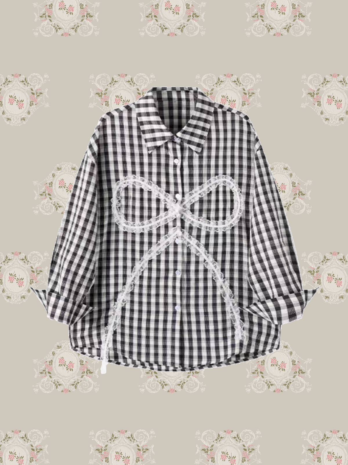 Two Tone Gingham Lace Bow Shirt/ツートーンギンガムチェックレースリボンシャツ