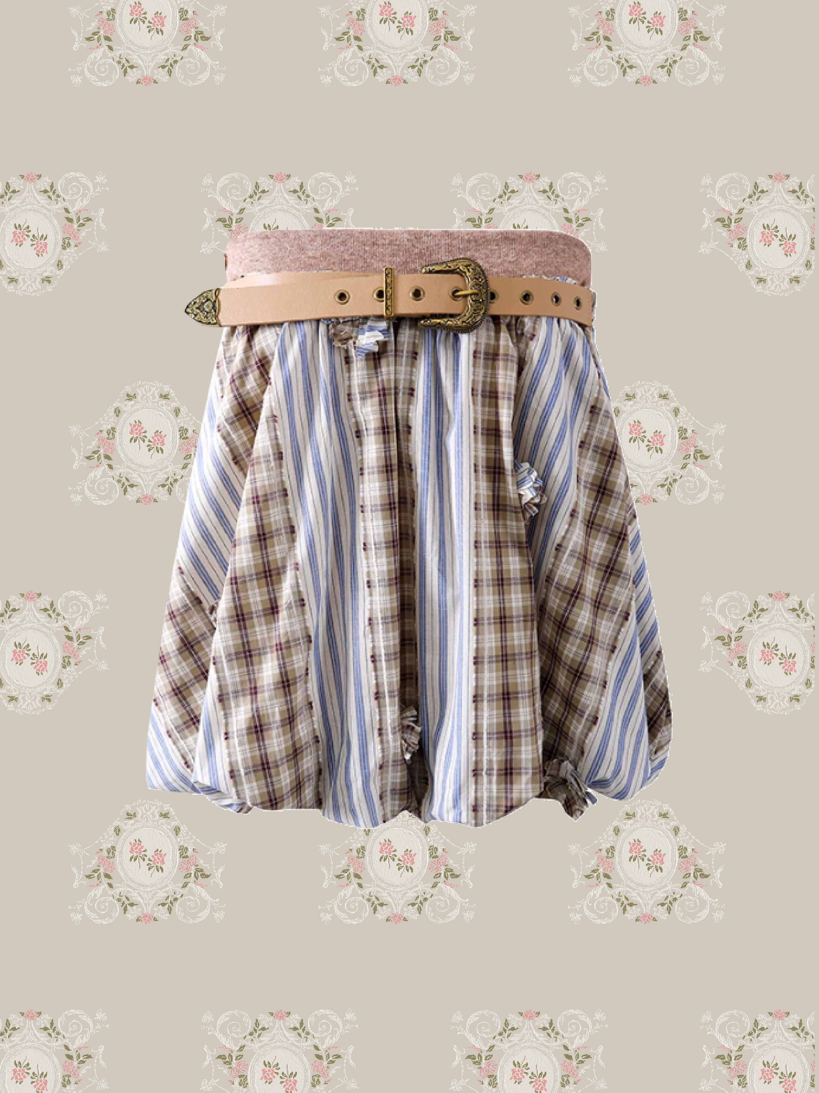 Plaid-Contrast Strapless Top with Belt/チェックコントラストストラップレストップベルト付き