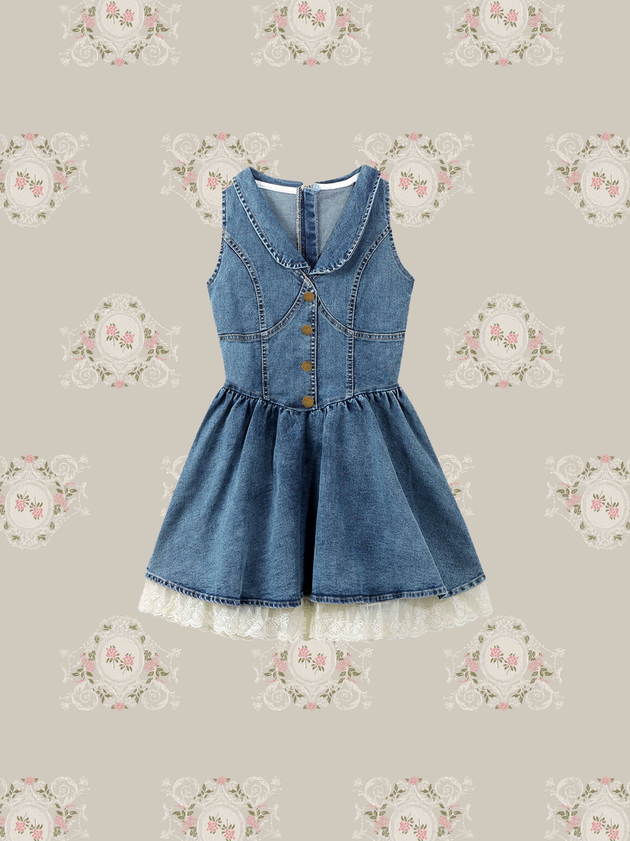 Lace Piping Pleats Denim Dress/レースパイピングプリーツデニムドレス
