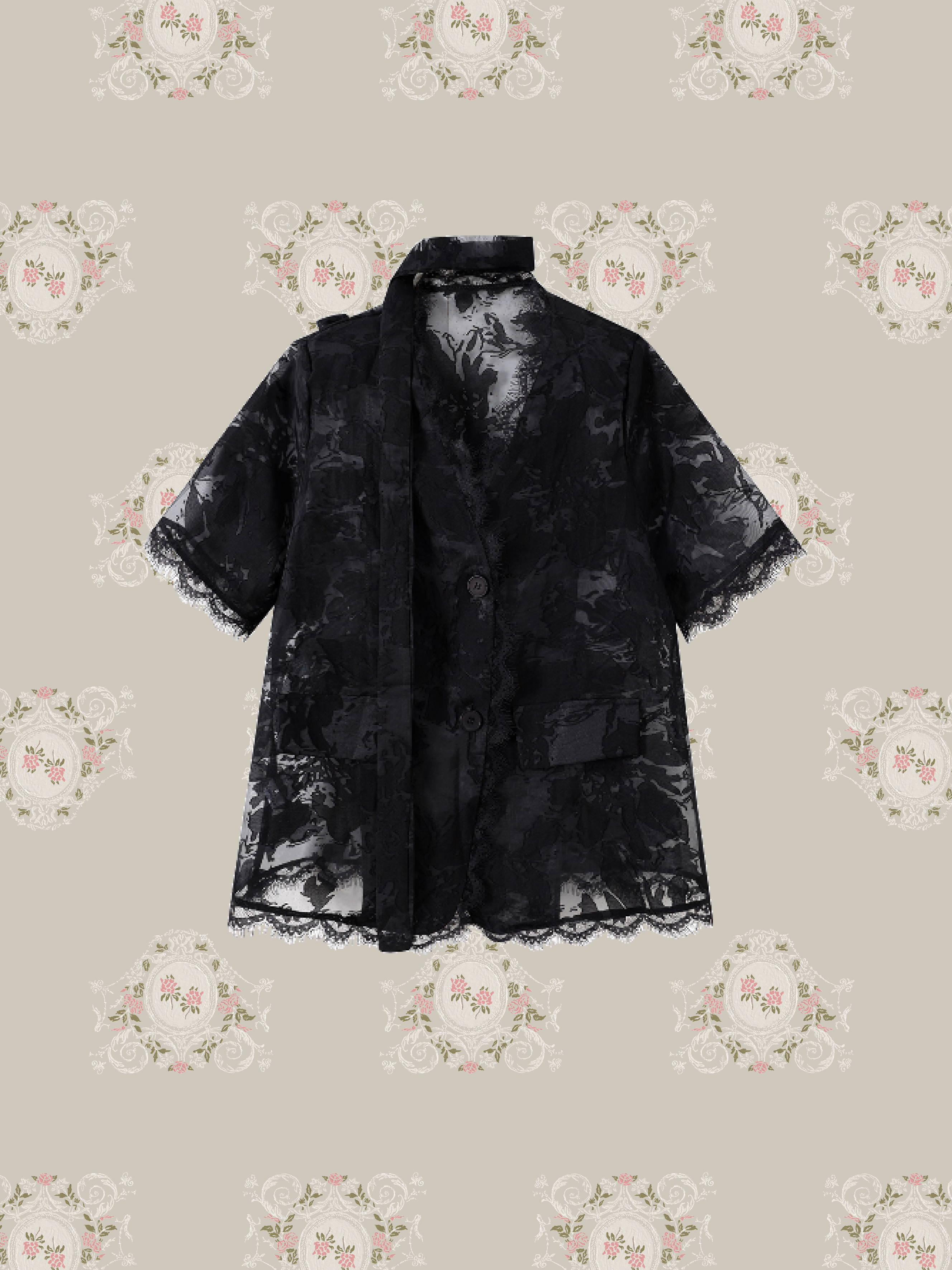 French Emboss Lace Tie Shirt/フレンチエンボスレースタイシャツ