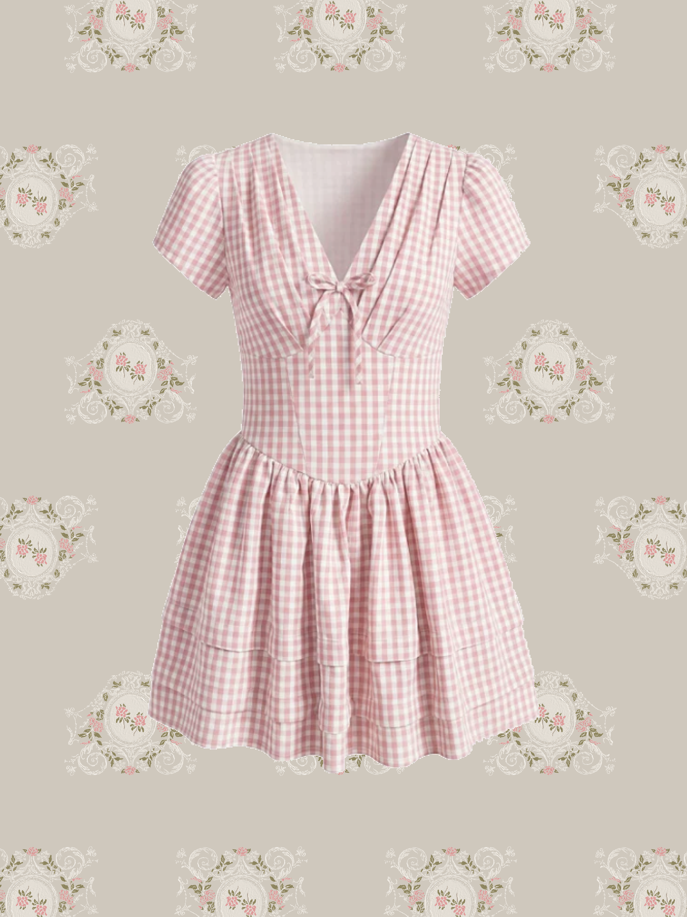 V Neck Plaid Waist One Piece/Vネックチェック柄ウエストワンピース