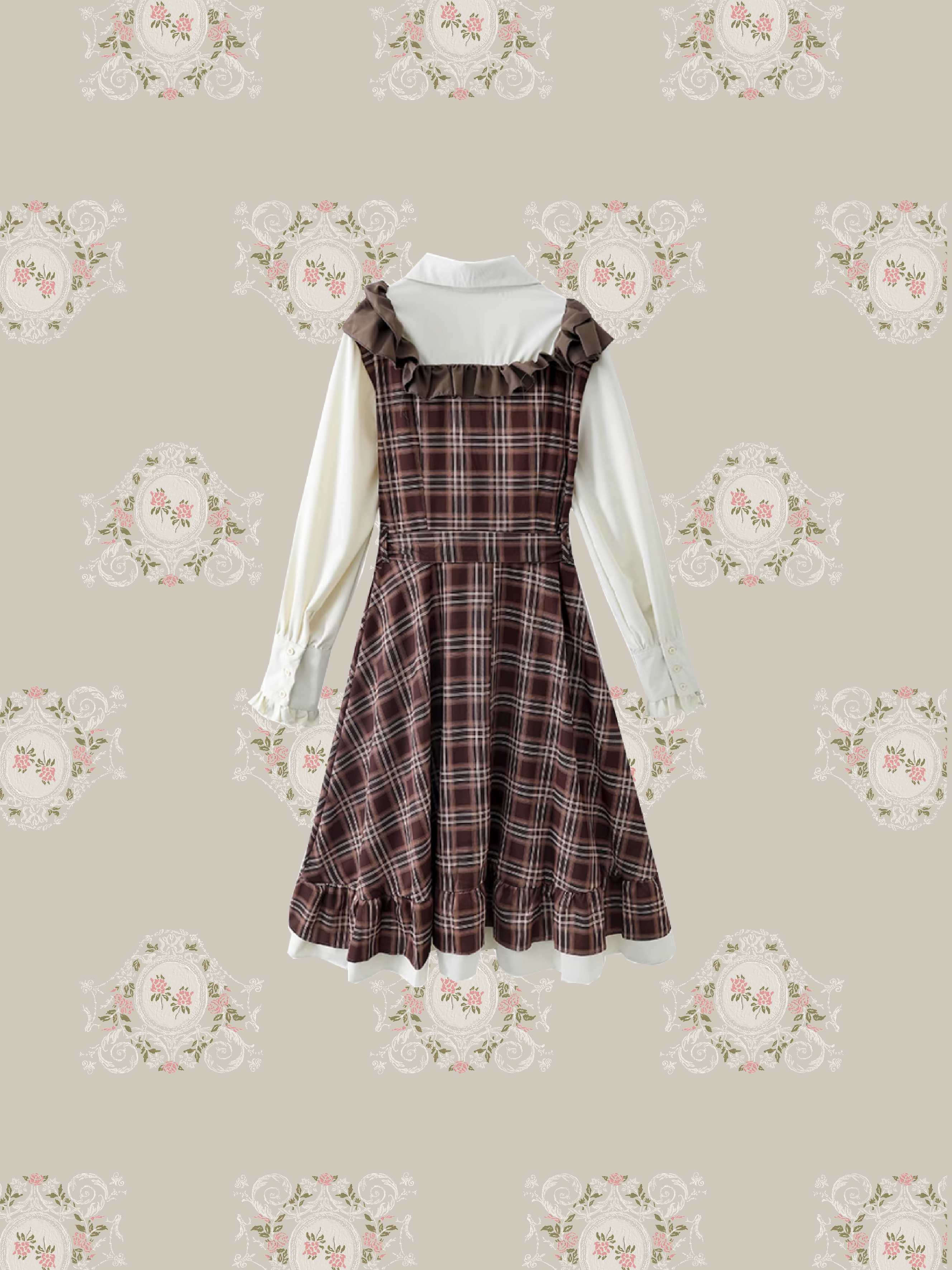 Fake Two Brown Check Frill Onepiece/フェイクツーブラウンチェックフリルワンピース