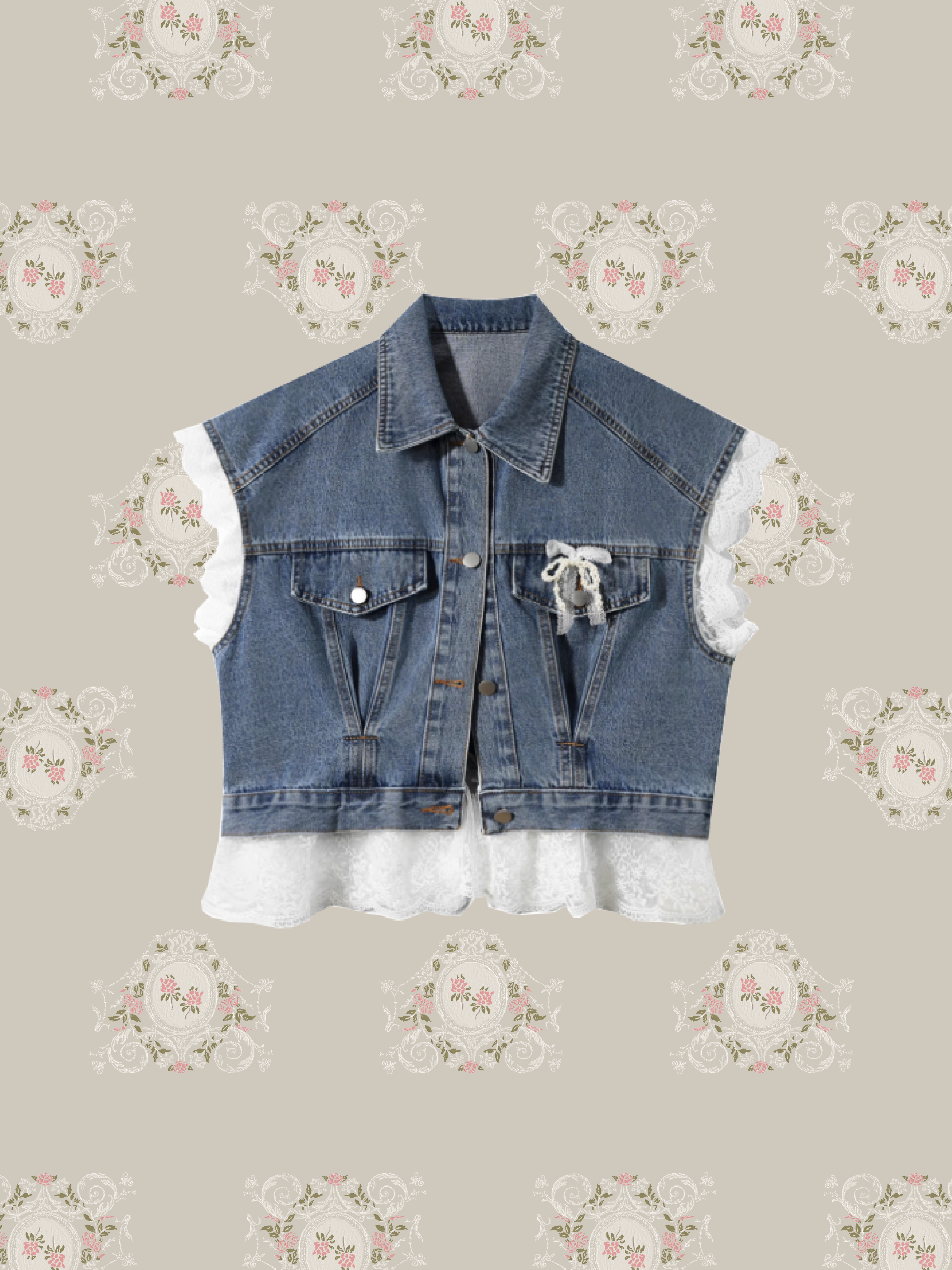 Romantic Lace Deco Denim Vest/ロマンティックレースデコデニムベスト