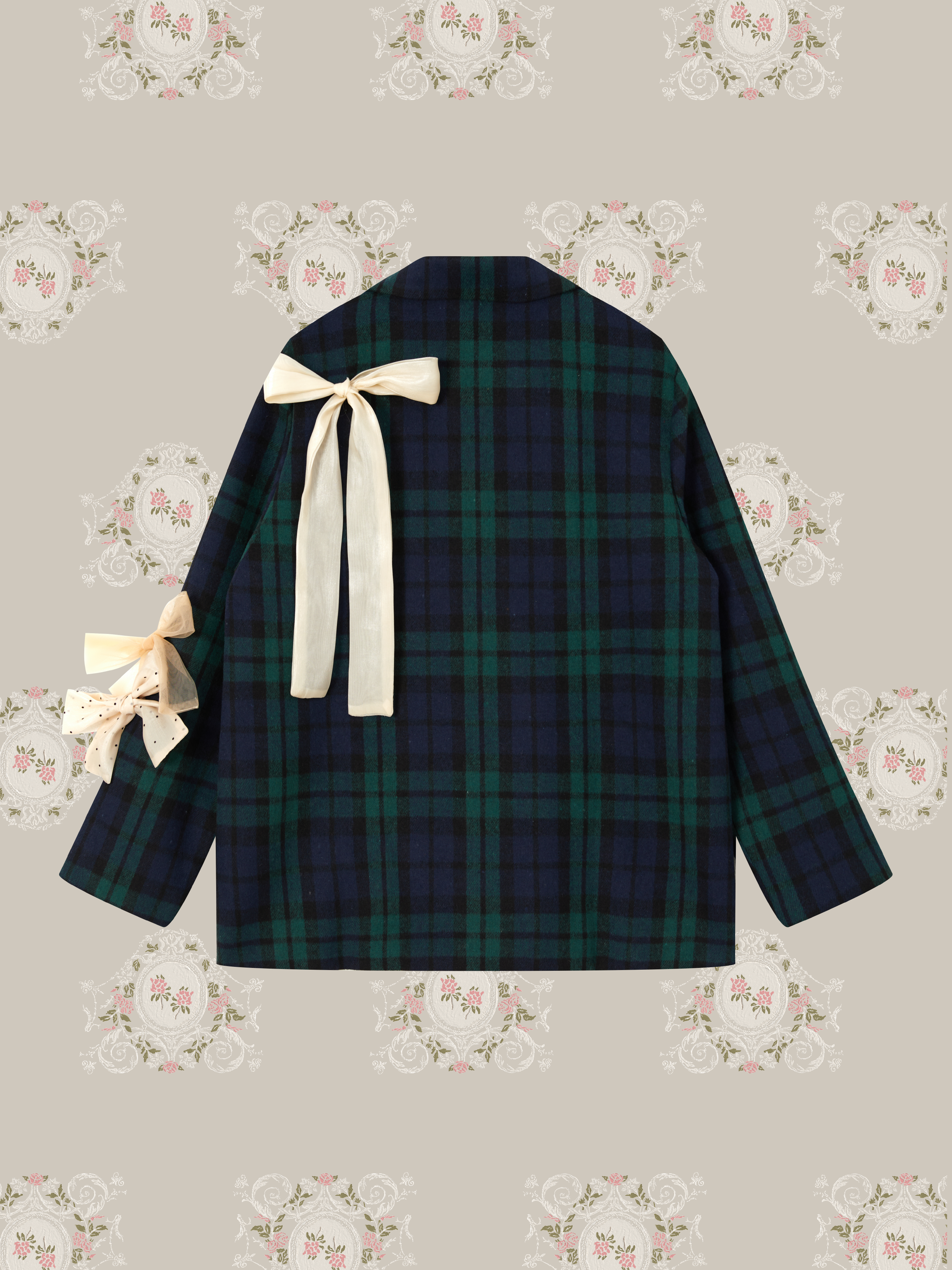 ・予約商品・Ribbon Attached Wolly Check Coat/リボンアタッチチェックウーリーコート