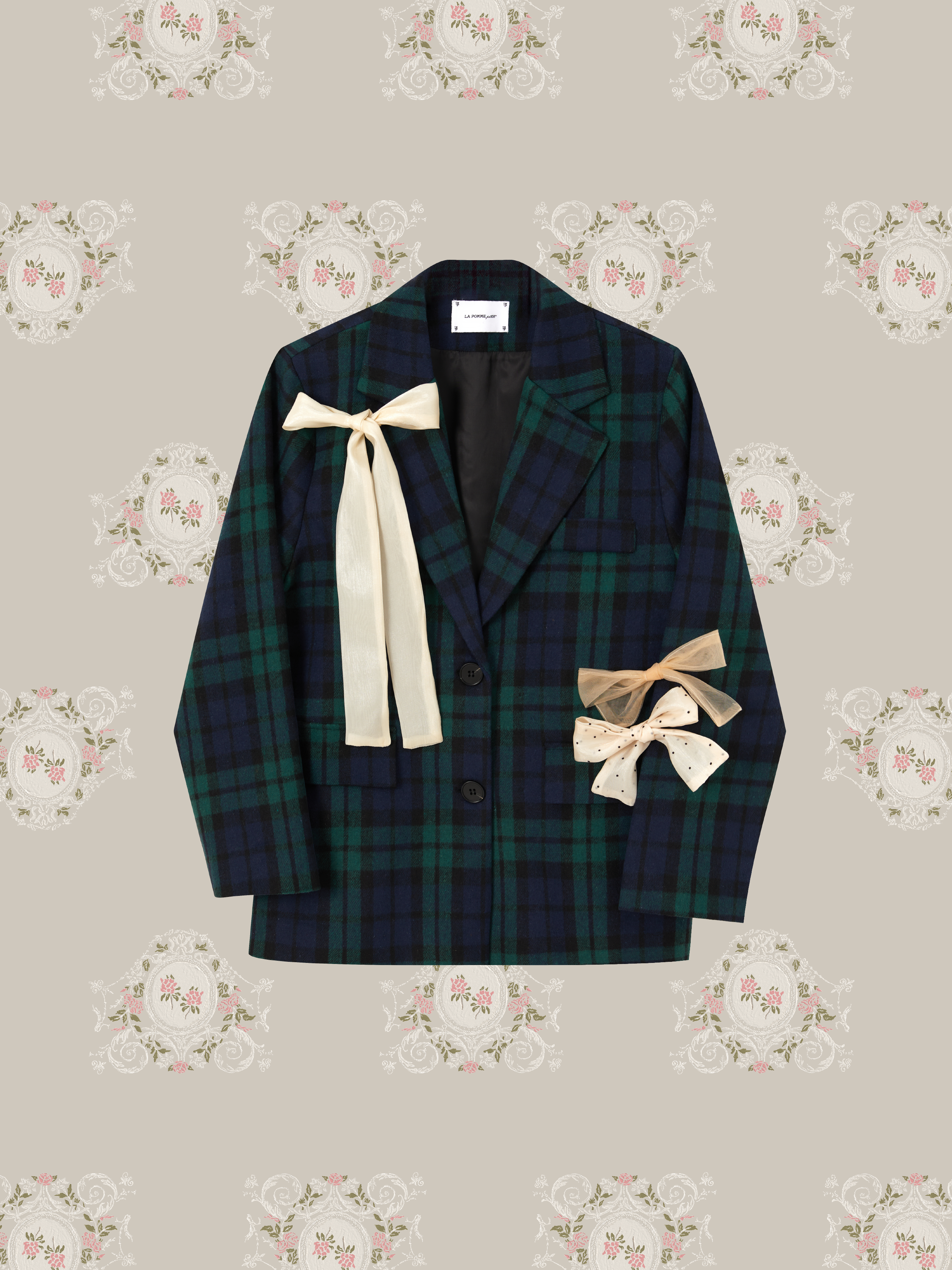 ・予約商品・Ribbon Attached Wolly Check Coat/リボンアタッチチェックウーリーコート