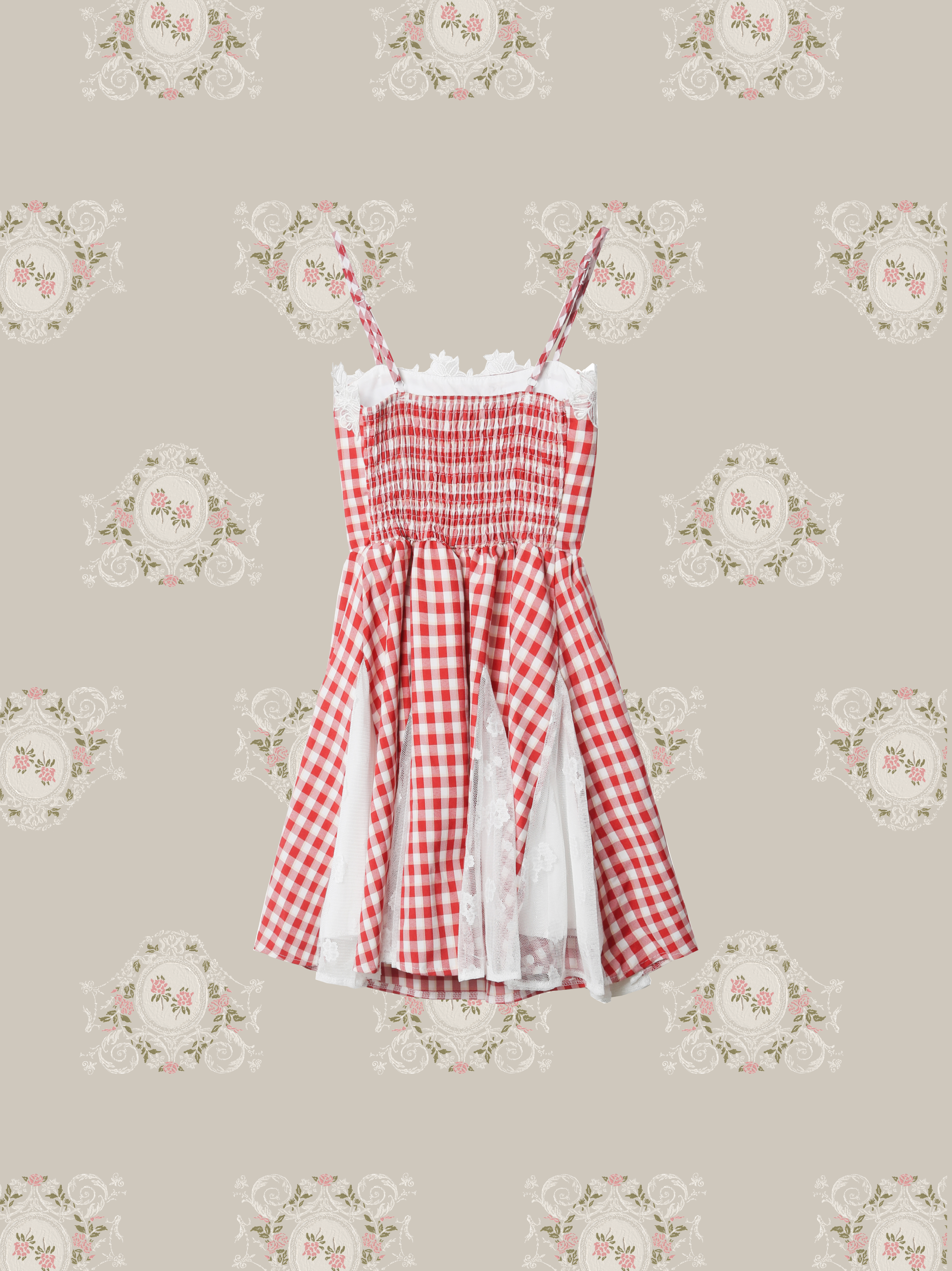 Lace Stitching Red Check Cami Dress/レースステッチレッドチェックキャミワンピース