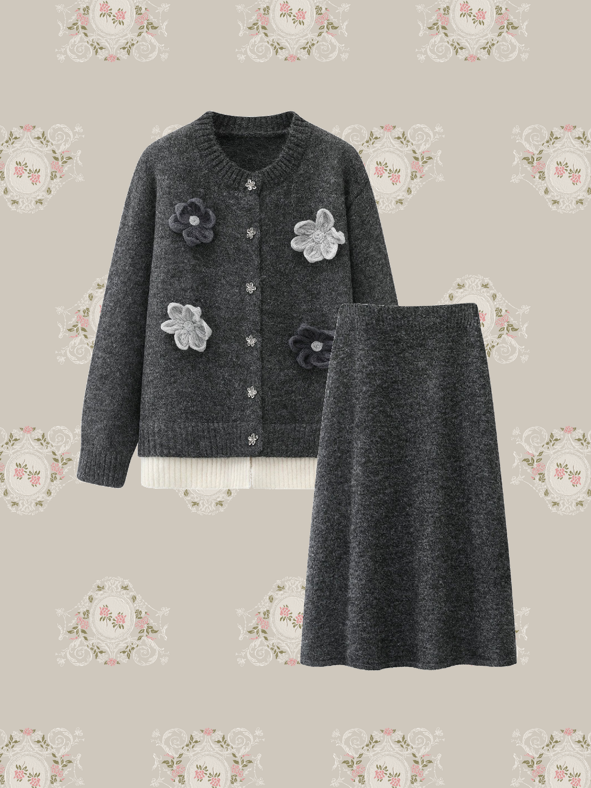 Elegant Flower Applique Cardigan Set Up/エレガントフラワーアップリケカーディガンセットアップ
