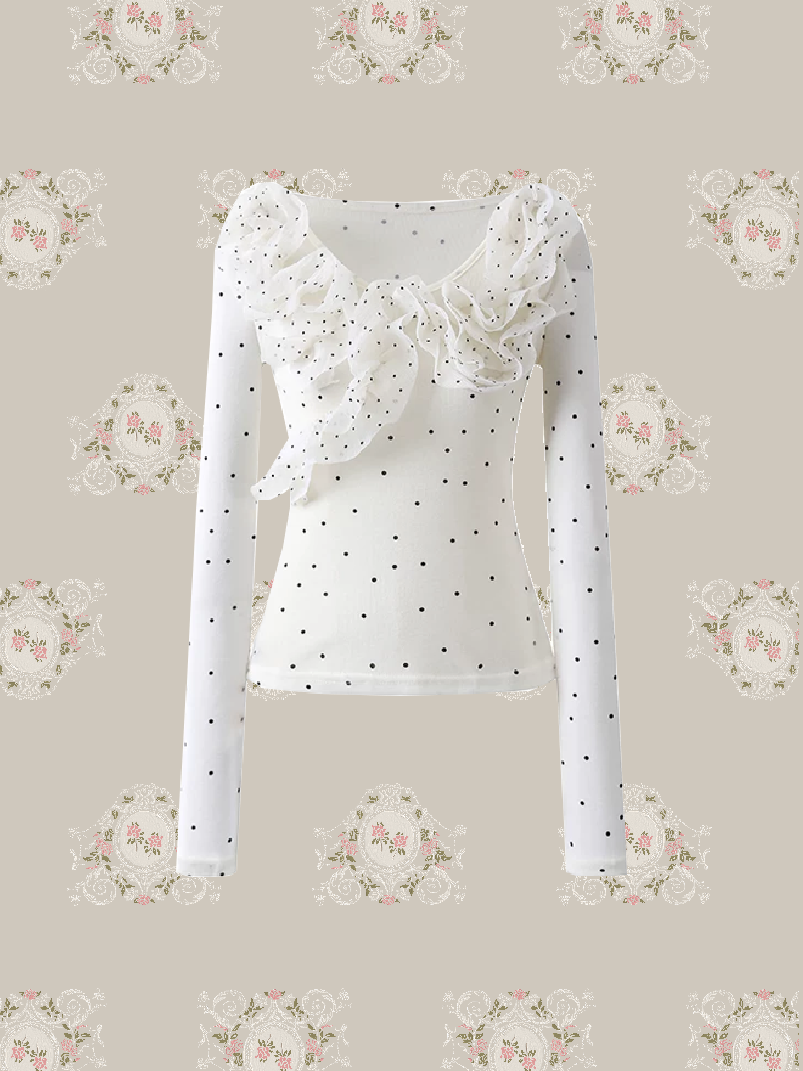 White Polka Dot Ruffle Long Sleeve T/ホワイトドット柄フリル長袖Tシャツ
