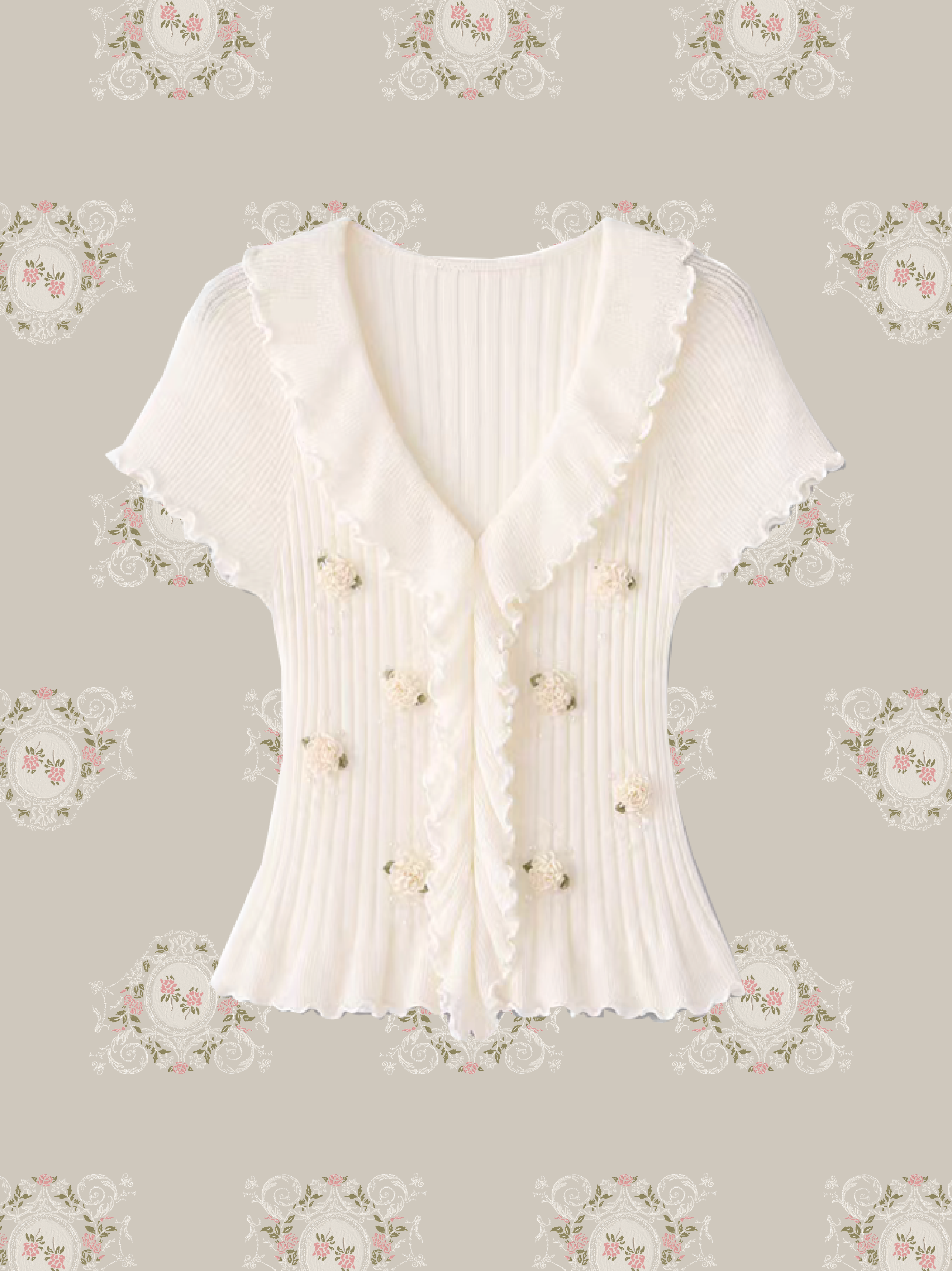 Cream Pearl Rose Ruffle Knit Top/クリームパールローズフリルニットトップス