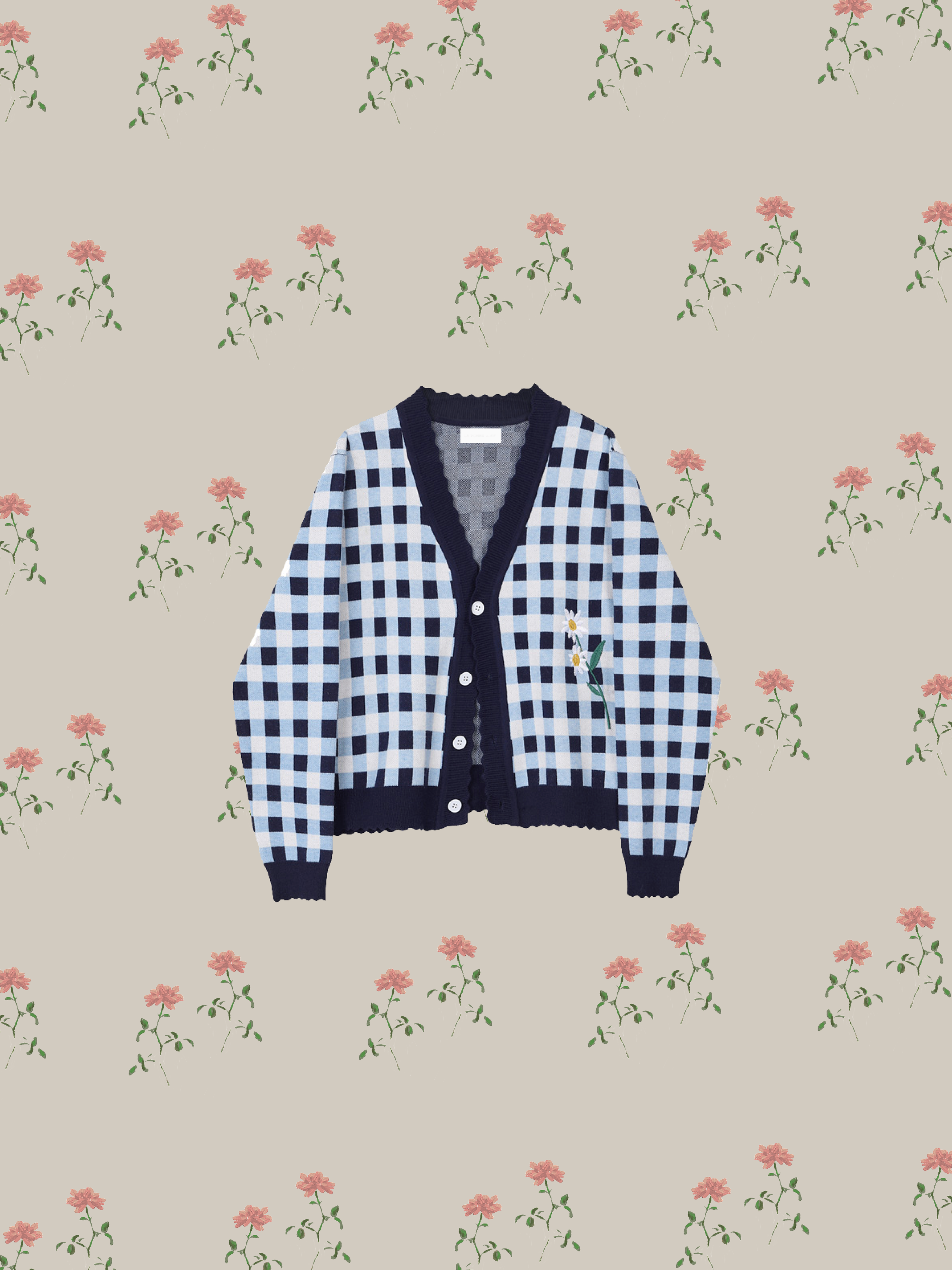 Flower Embroidered Check Cardigan
