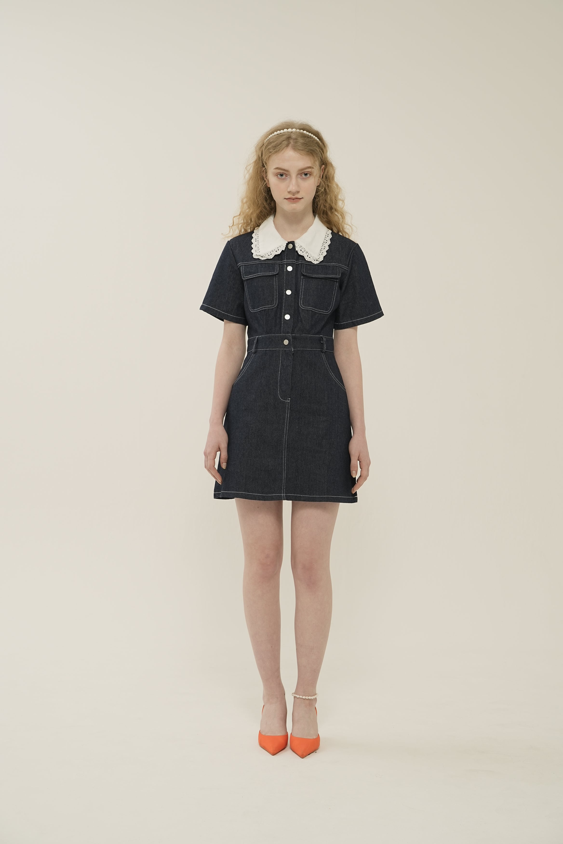 Lace Collar Denim One Piece