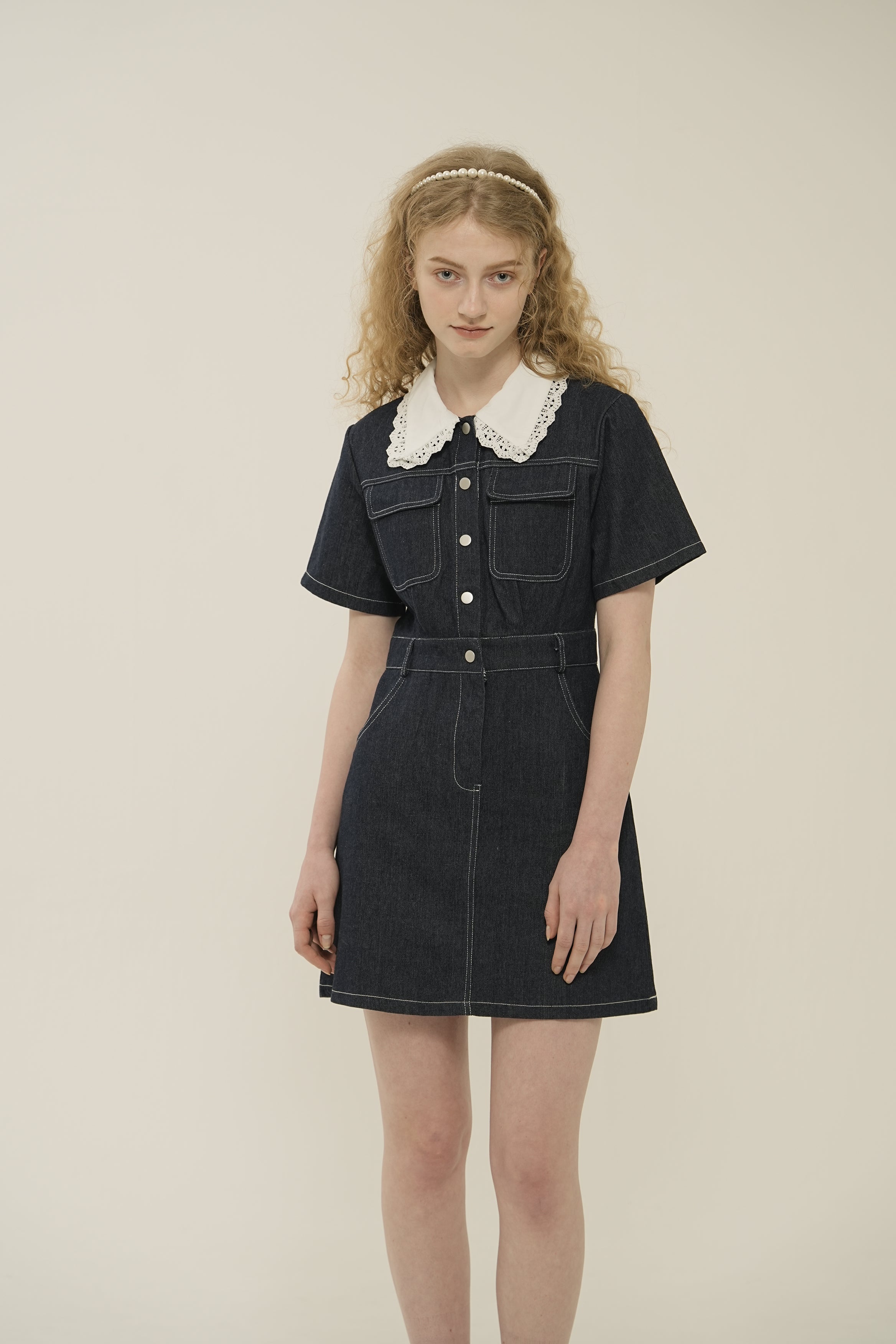 Lace Collar Denim One Piece