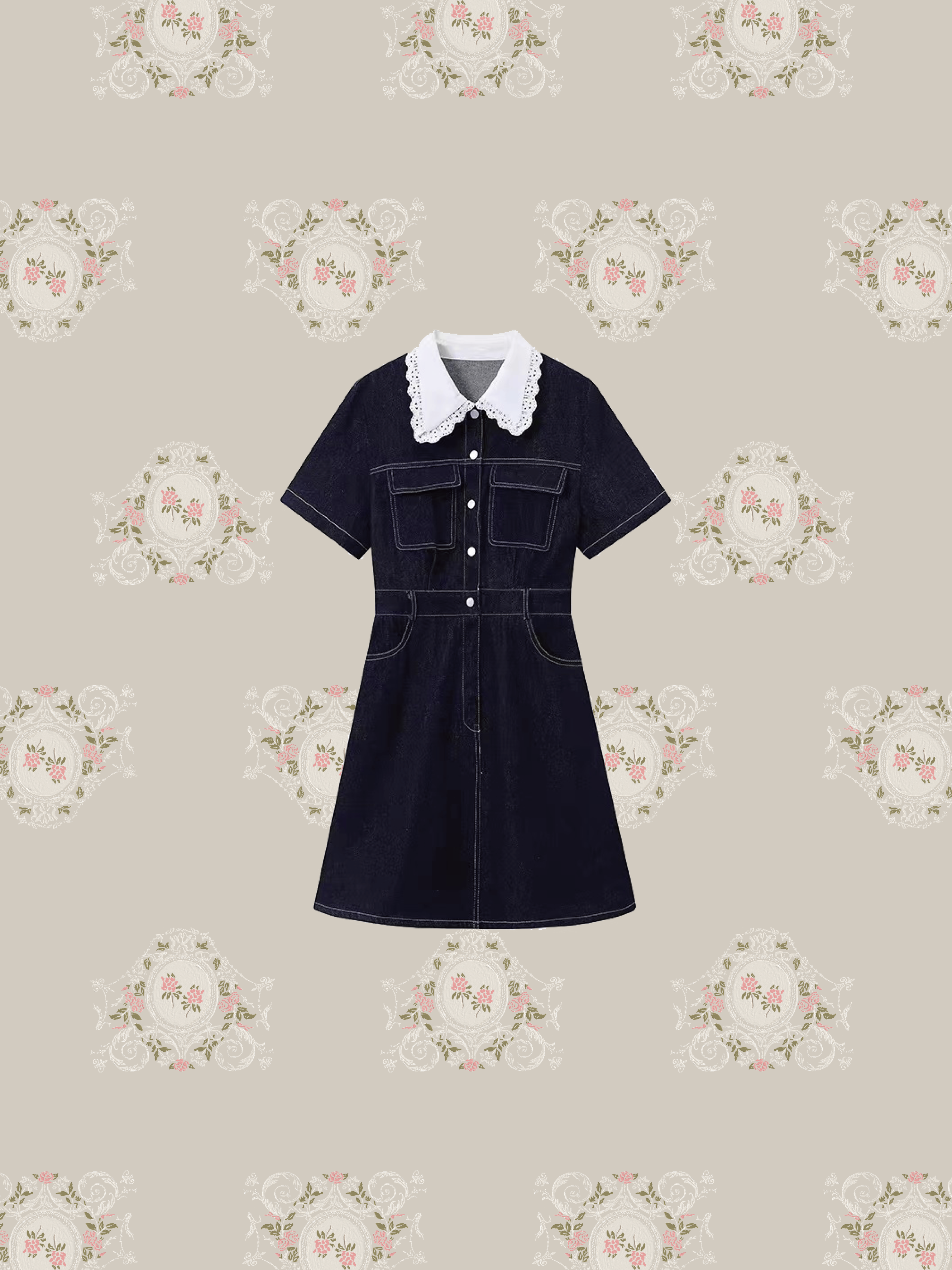 Lace Collar Denim One Piece